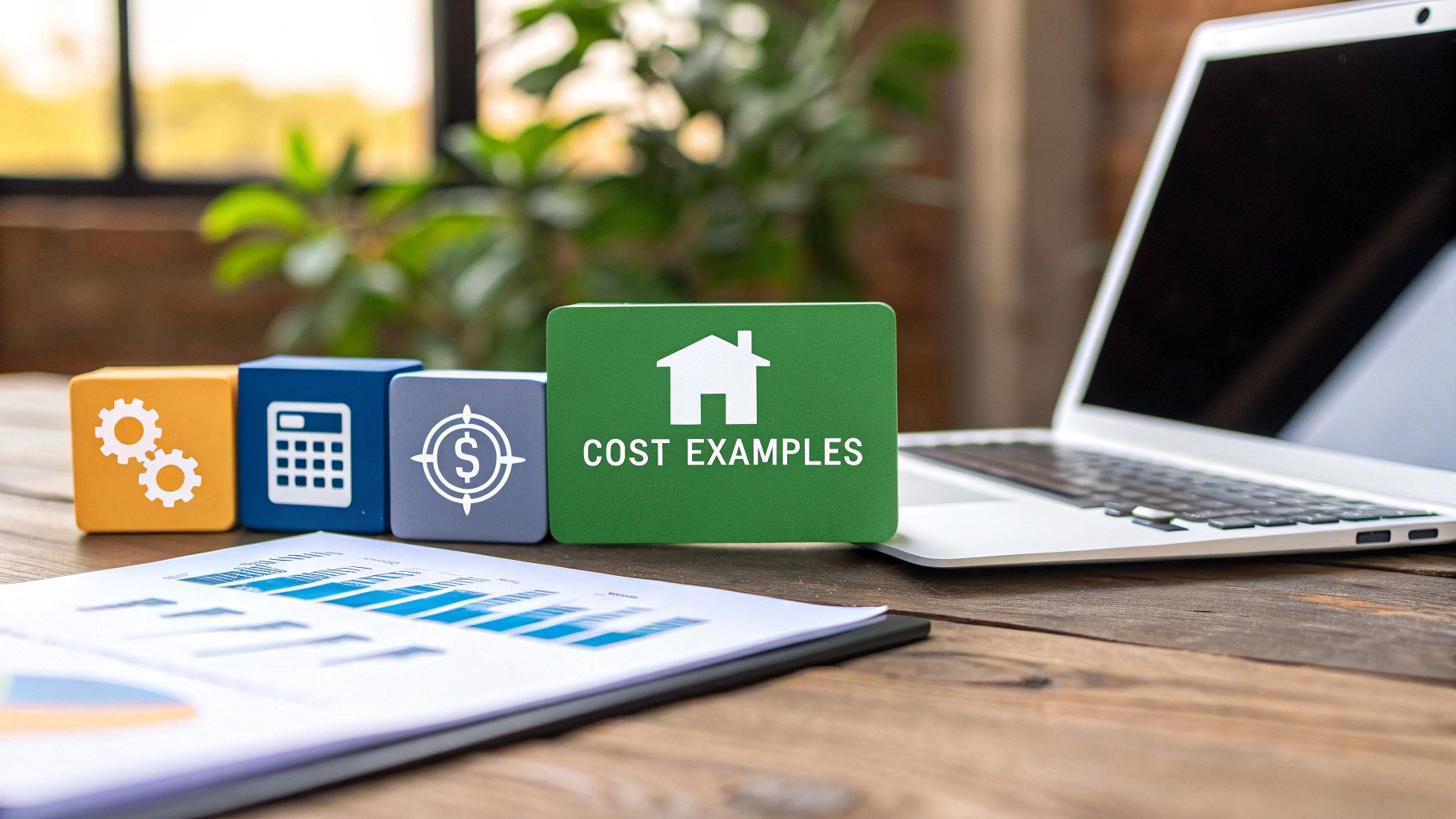 Colorful blocks displaying cost examples with house icon, calculator, target, and gears symbols on desk