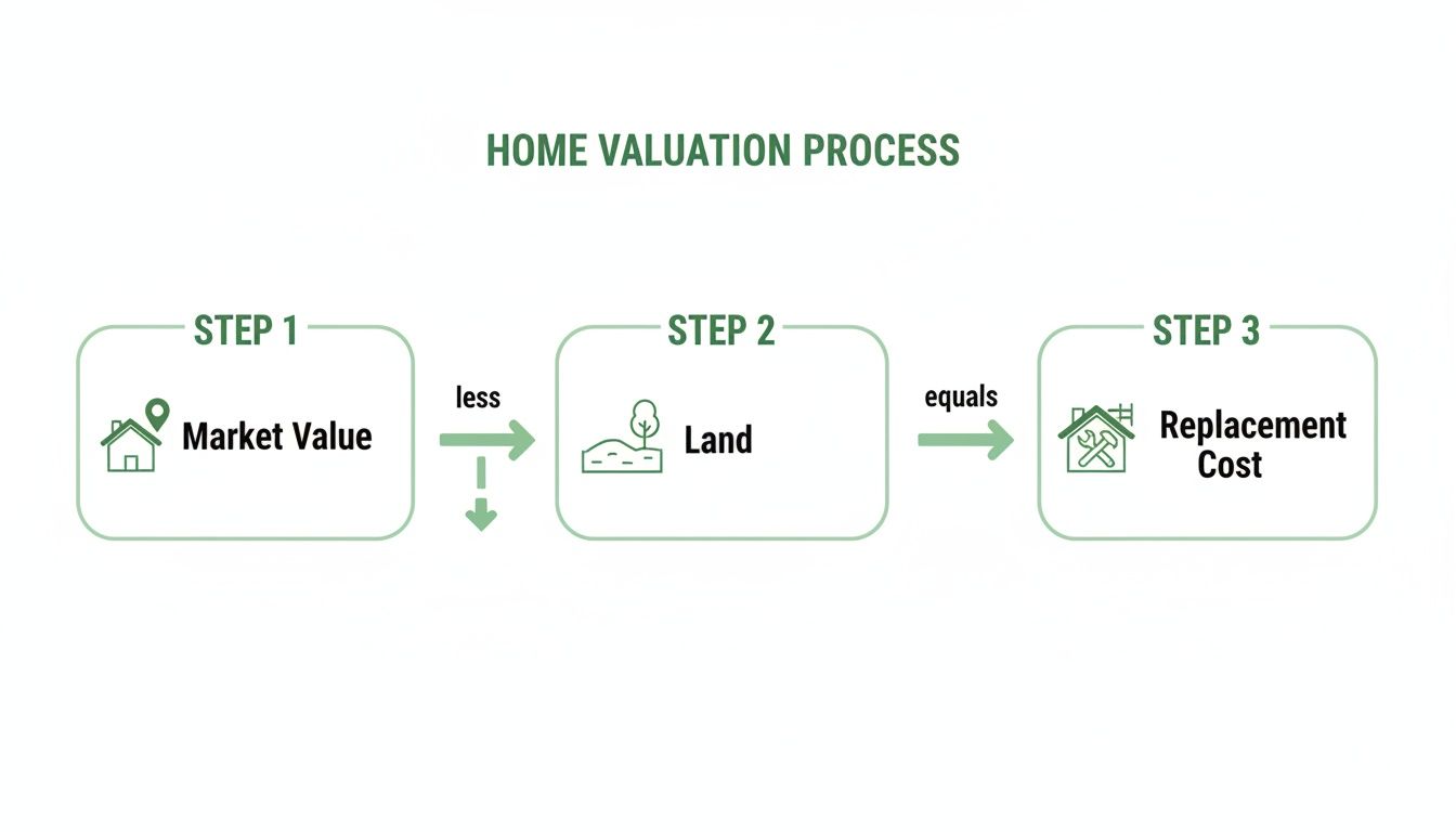 Infographic showing the home valuation process: Market Value less Land equals Replacement Cost in three steps.