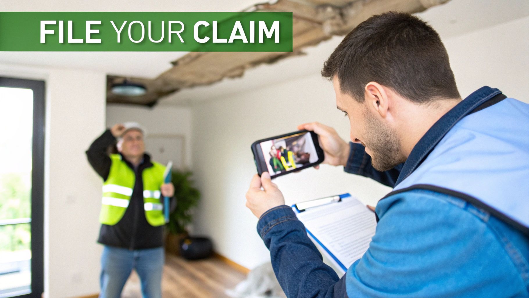 Insurance adjuster documents water damage with a smartphone for a claim, with another worker present.