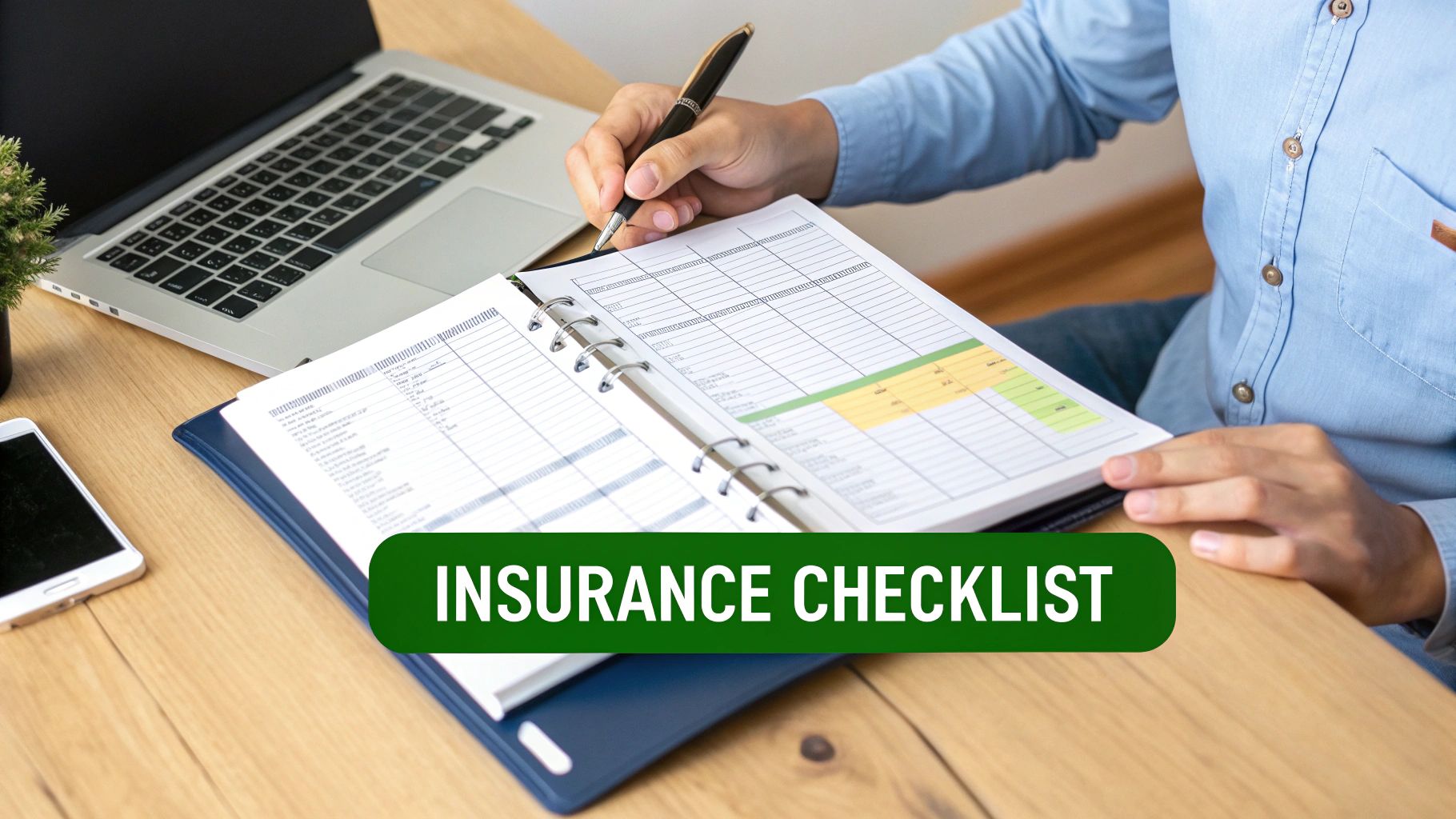 A person writing in a planner on a desk with a laptop, highlighting an 'Insurance Checklist'.
