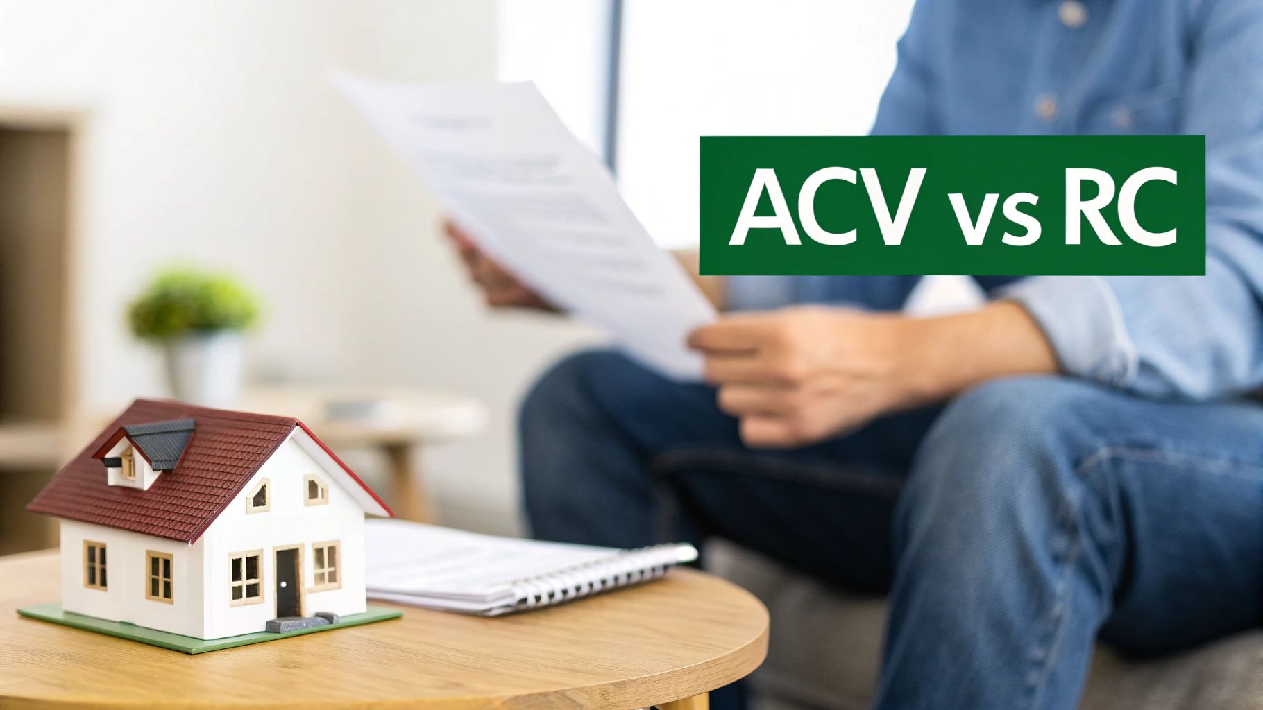 A miniature house and a person reading papers with 'ACV vs RC' text, discussing home insurance concepts.