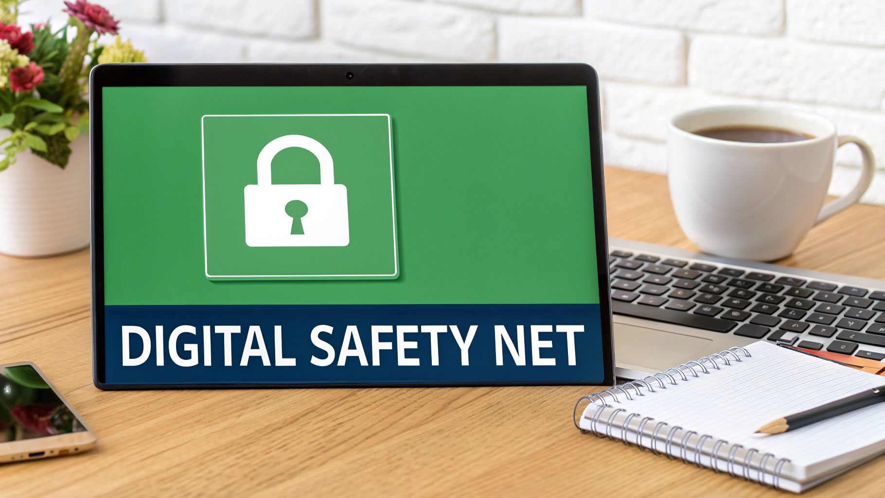 A digital illustration of a shield protecting a computer from online threats