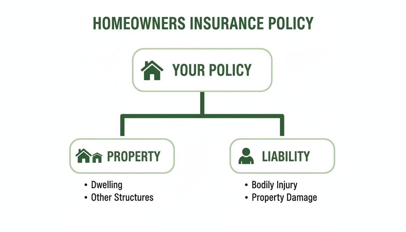 A diagram explaining homeowners insurance policy, detailing property (dwelling, other structures) and liability (bodily injury, property damage) coverages.