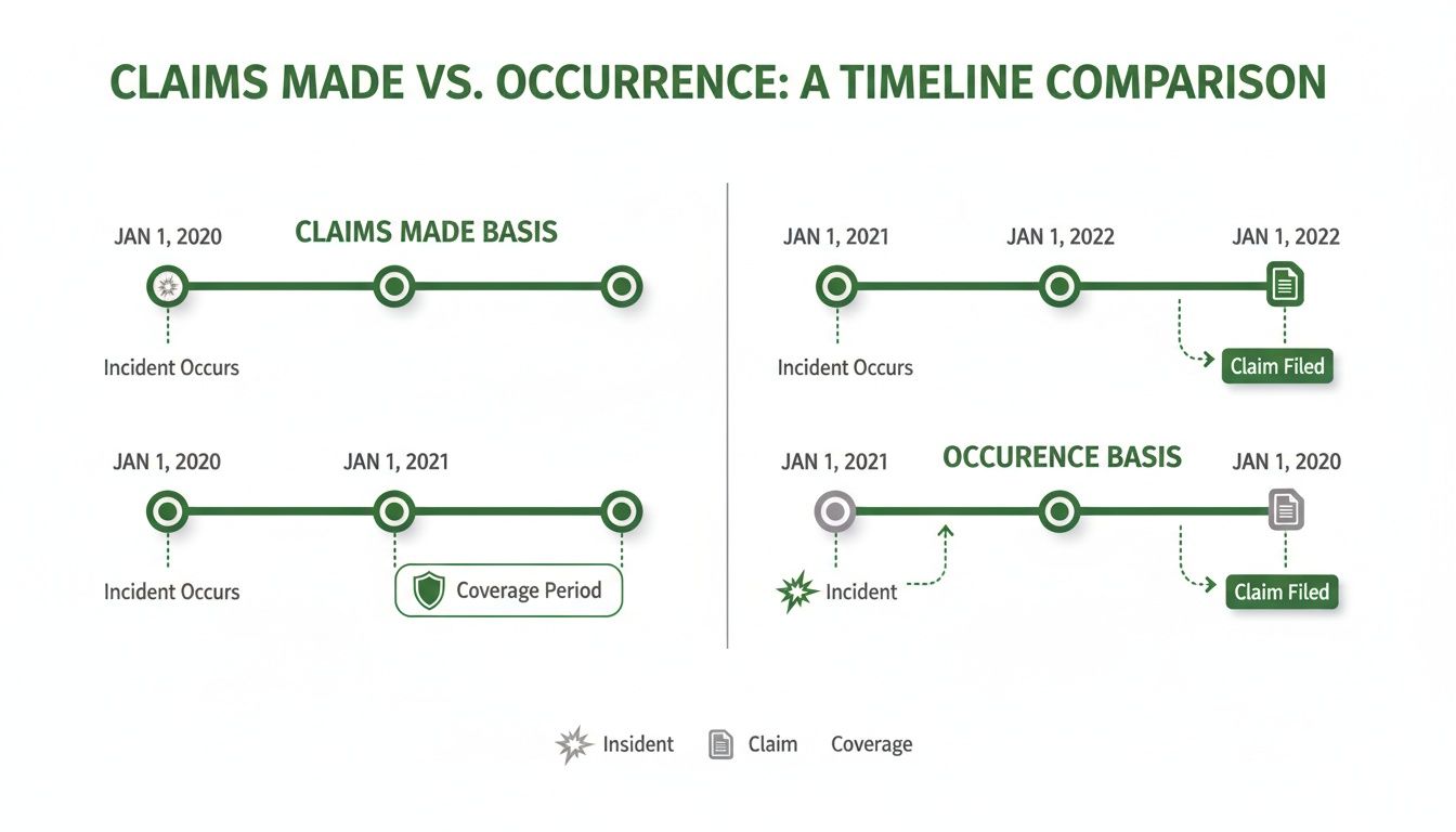 Comparison of claims made versus occurrence insurance policy timelines and key events.