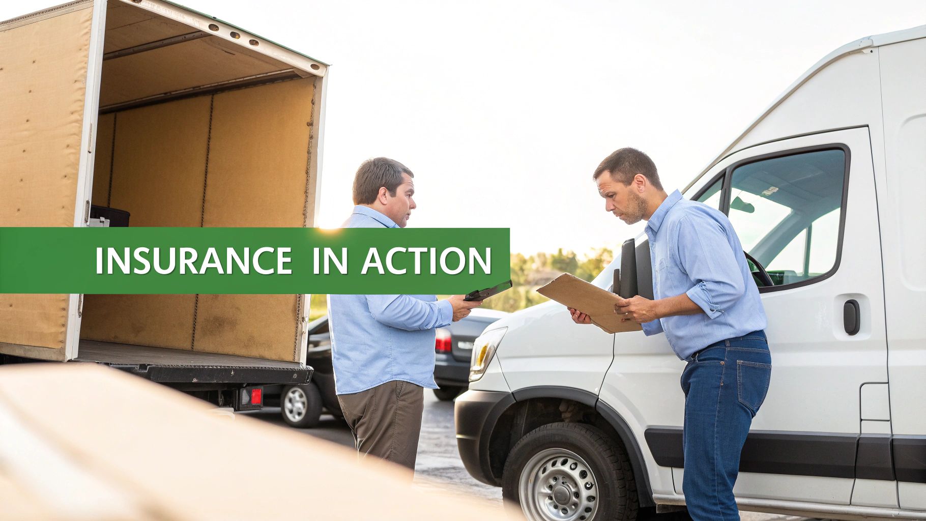 Two men inspect commercial vehicles, one holding a device and the other a clipboard, under 'Insurance in Action' banner.
