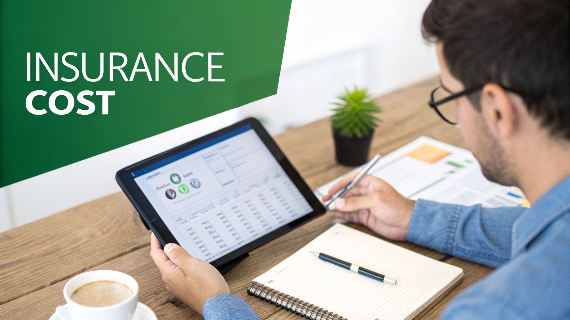 A person signing an insurance document on a desk with a calculator and laptop nearby