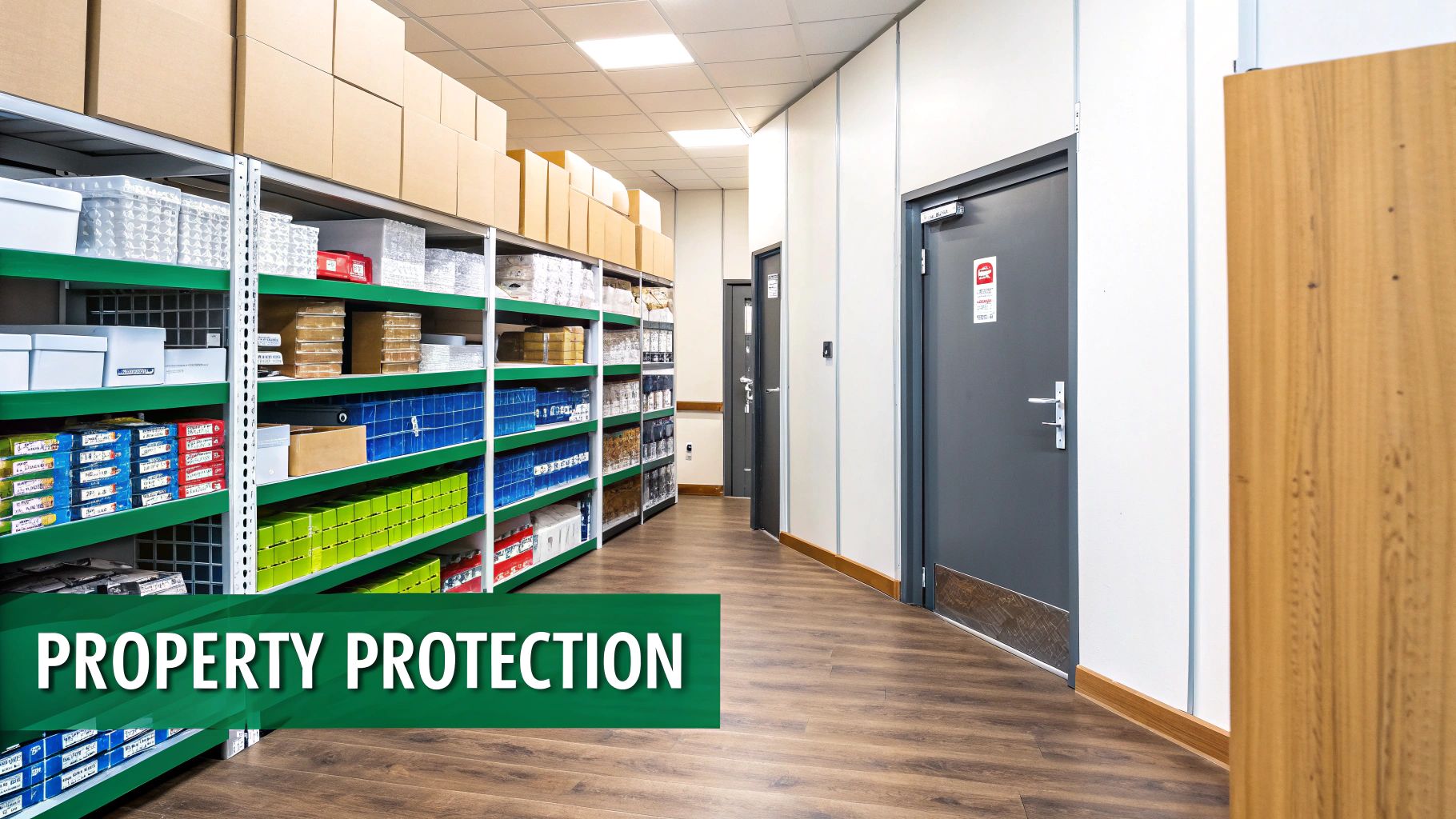 A commercial storage room aisle with shelves full of products and boxes, highlighting property protection.