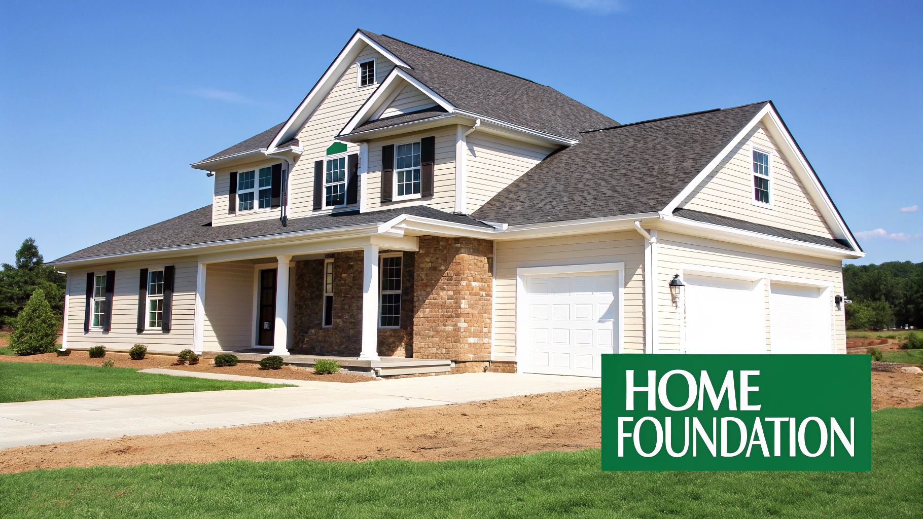 A new construction home with beige siding, dark roof, a driveway, and a green "Home Foundation" sign.