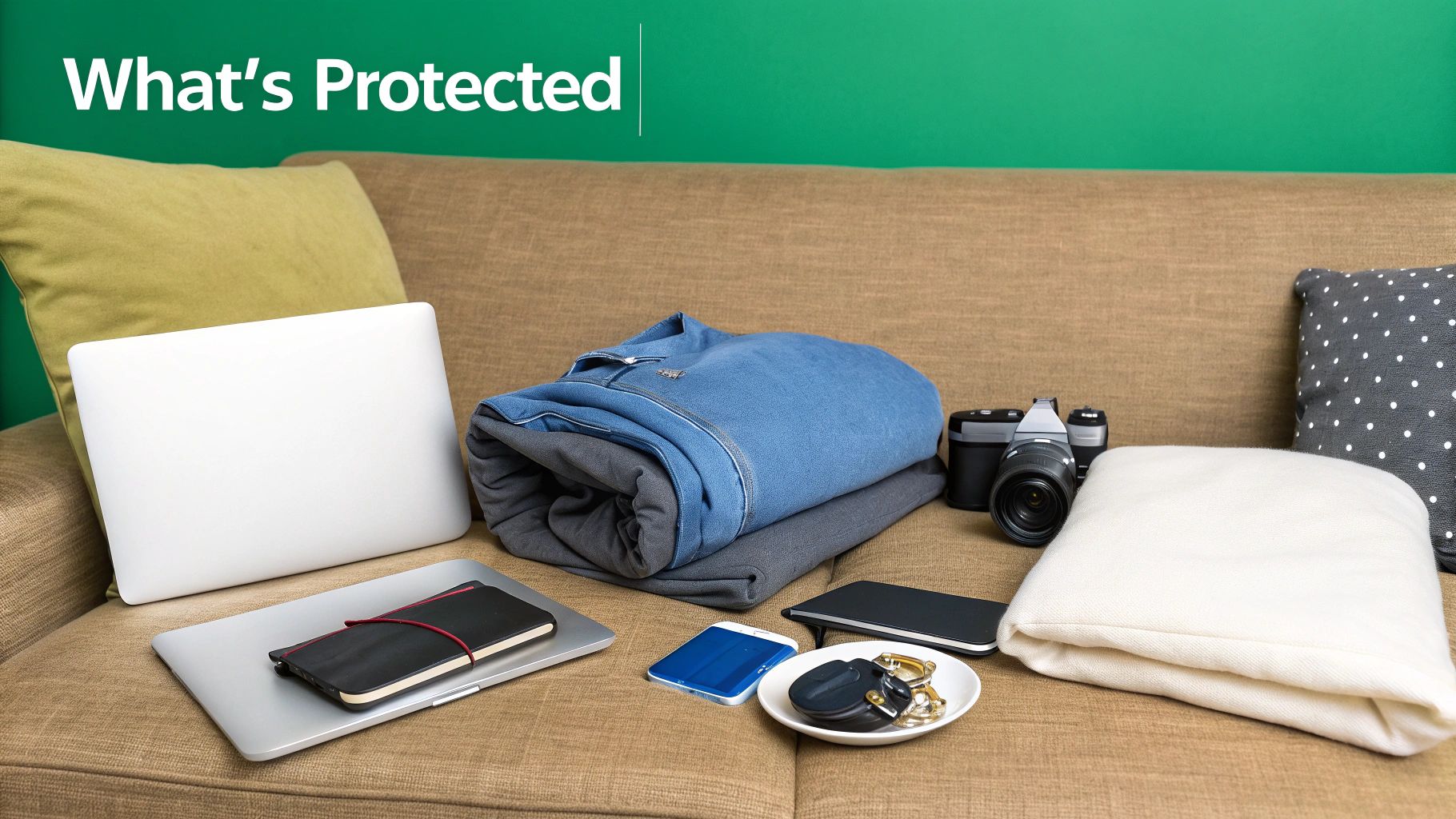 A detailed shot of personal items like a laptop, camera, and jewelry neatly arranged.