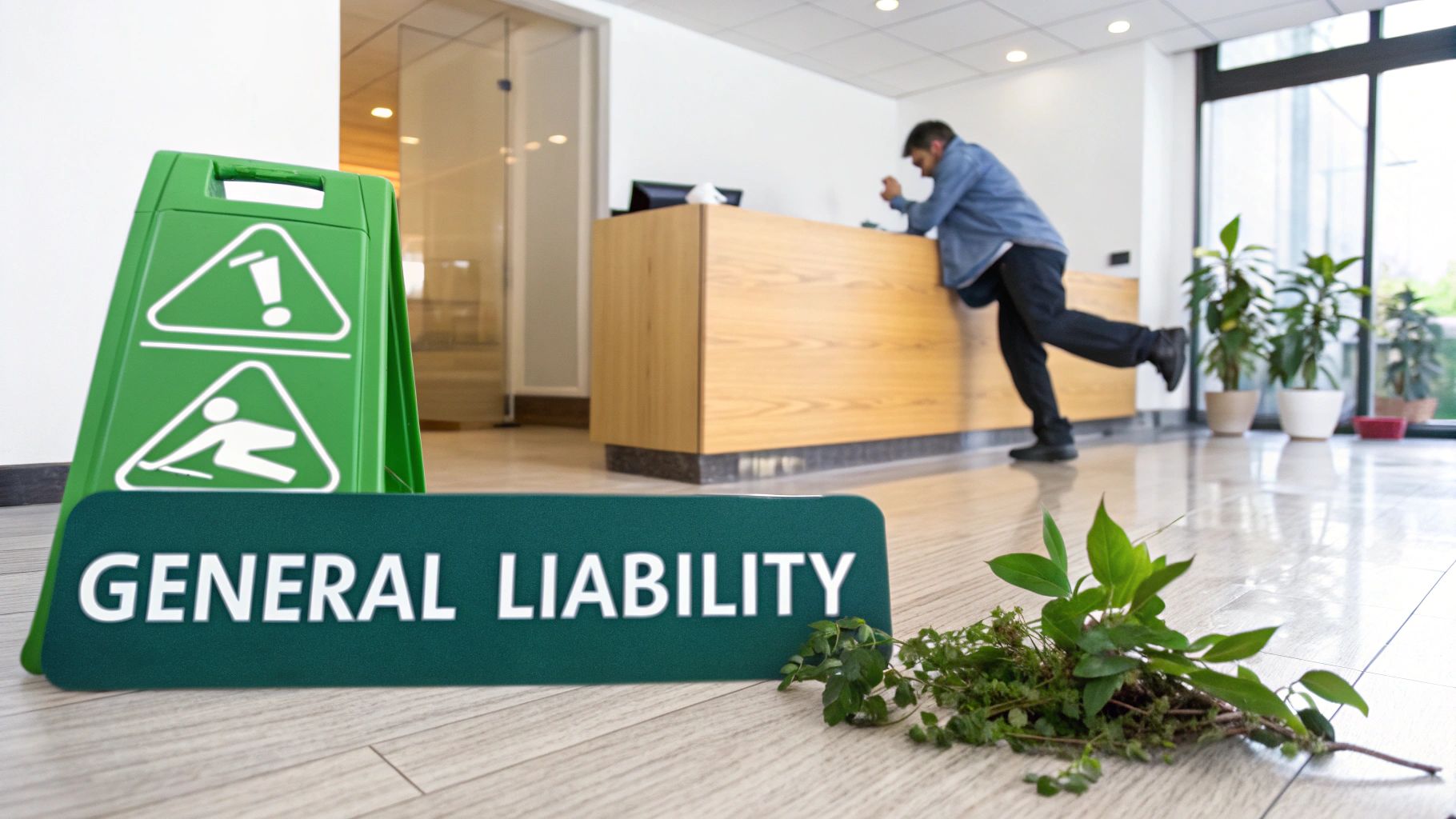 A 'General Liability' sign, caution sign, and man slipping on fallen plants in an office lobby.