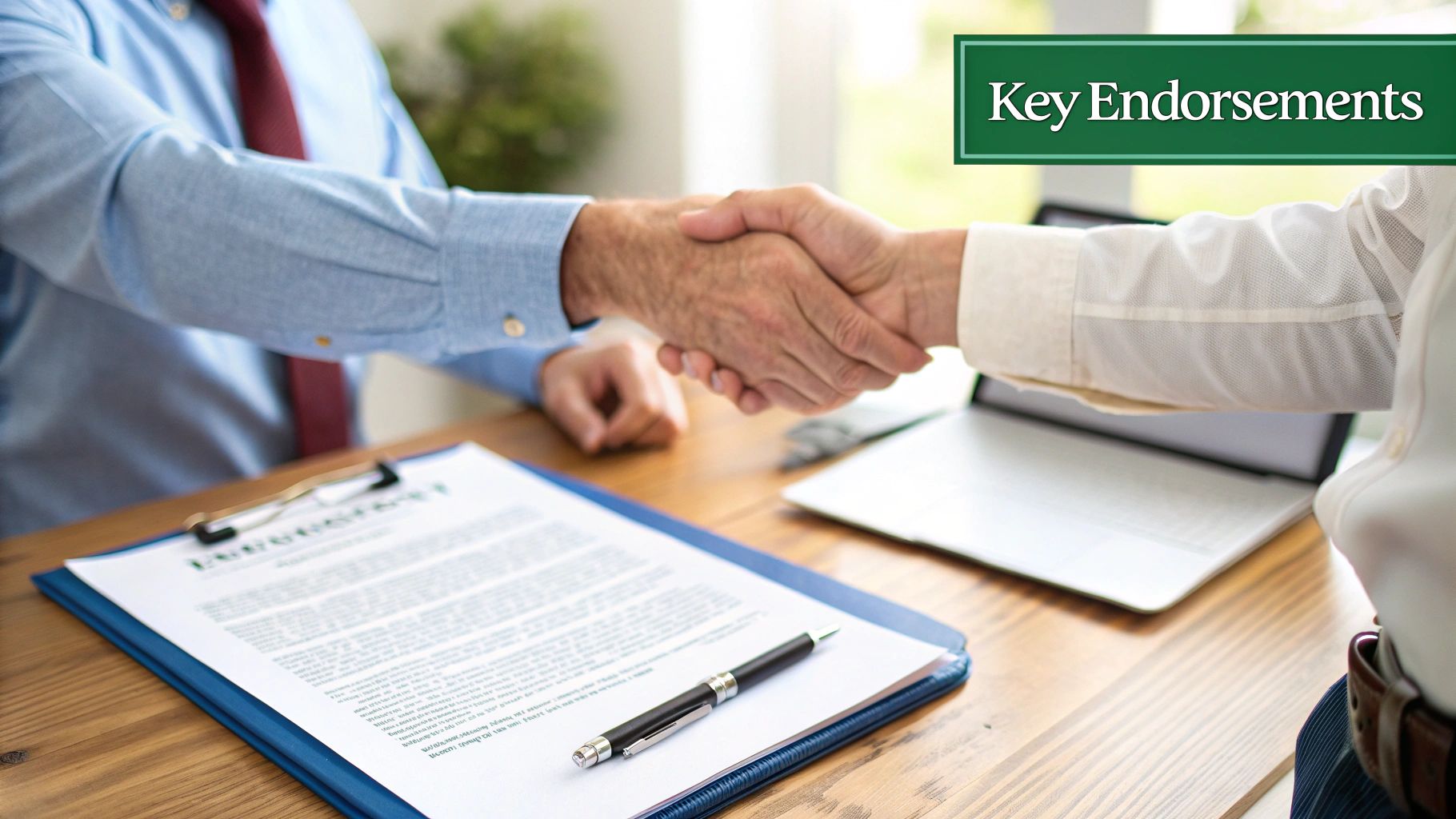 Two business professionals shake hands over a document and laptop, signifying an agreement or endorsement.