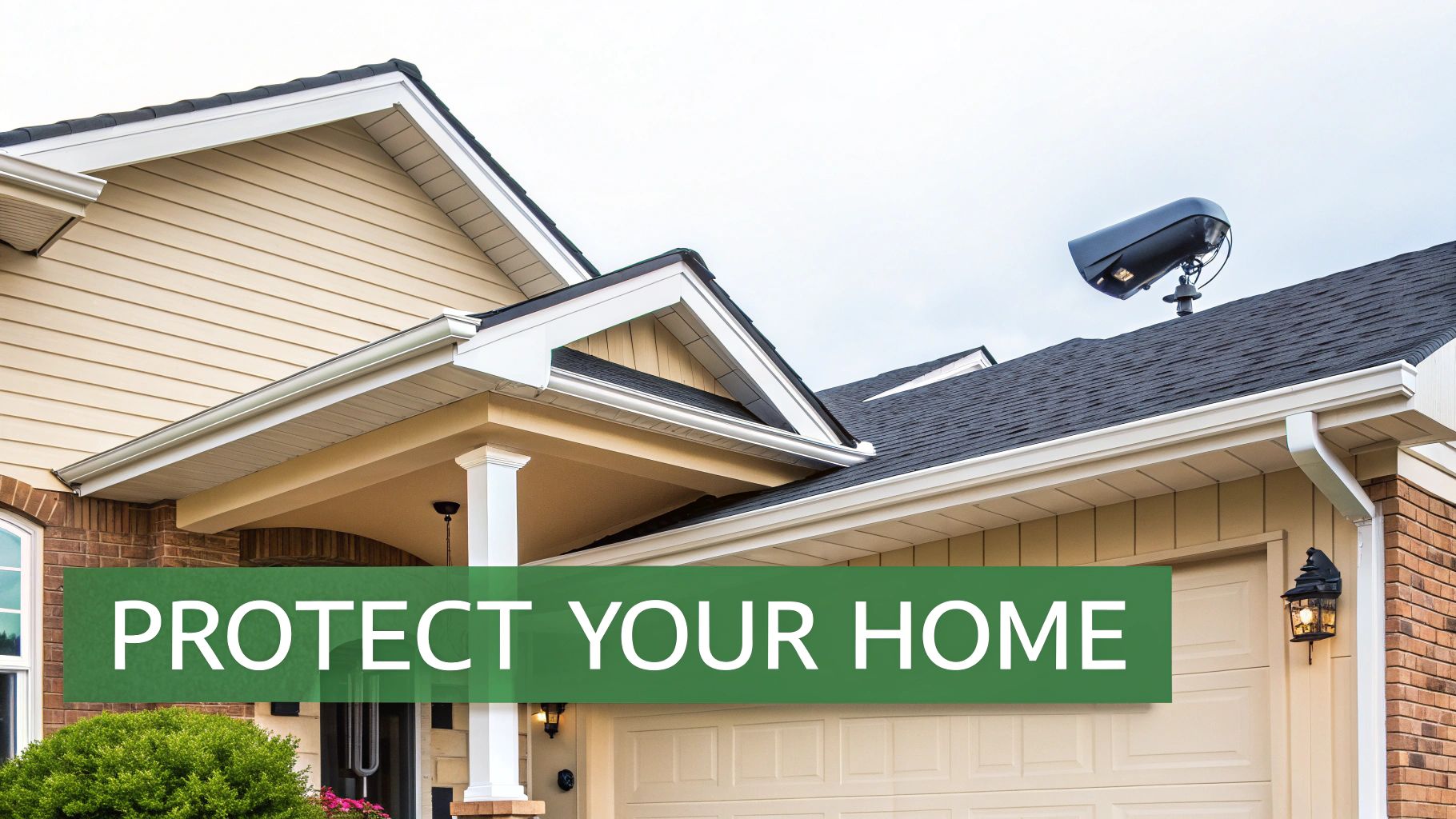 A modern house with beige siding, dark roof, white gutters, and a security camera on the roof.