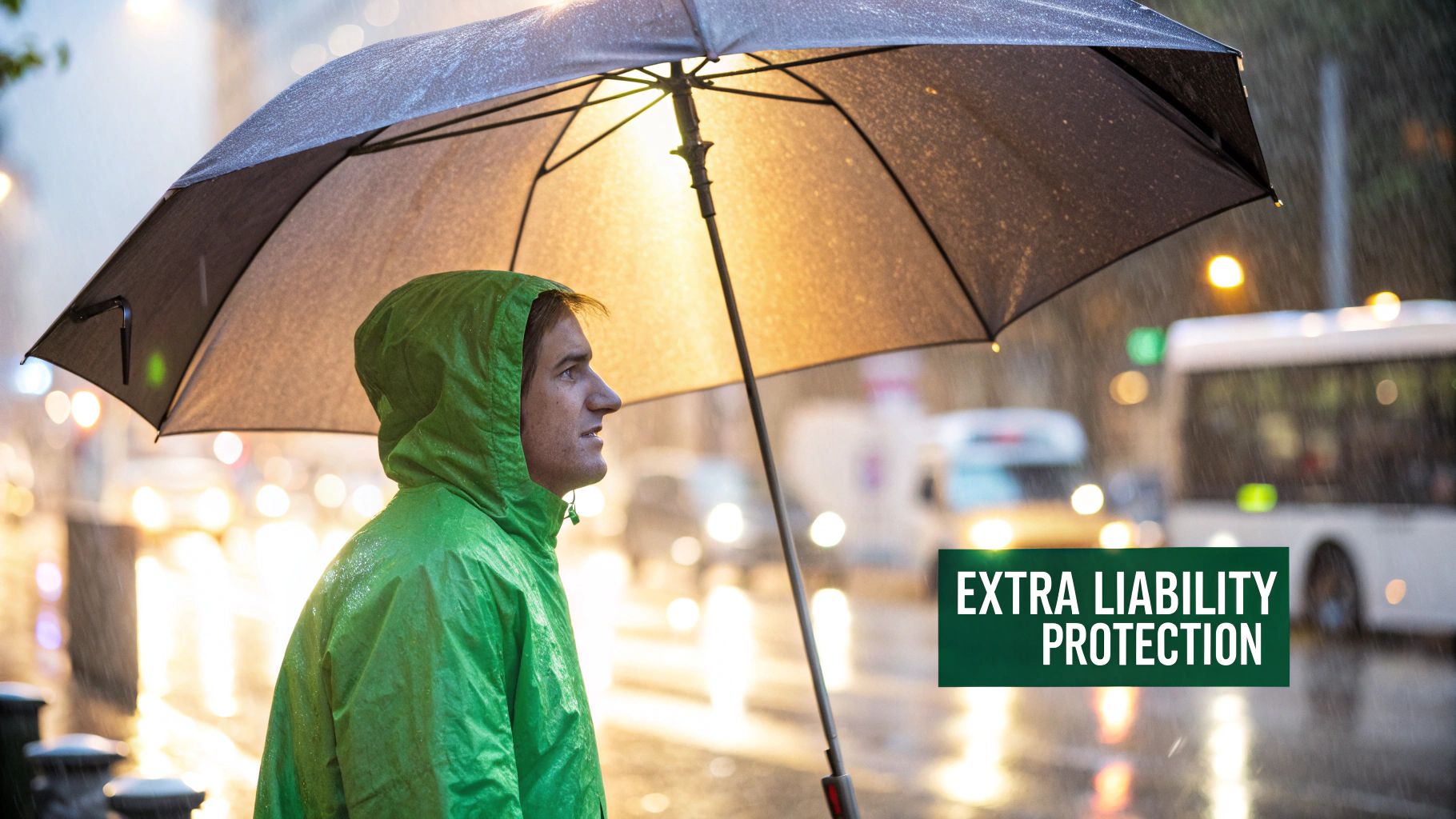A person holding a large umbrella over a house and car, symbolizing protection