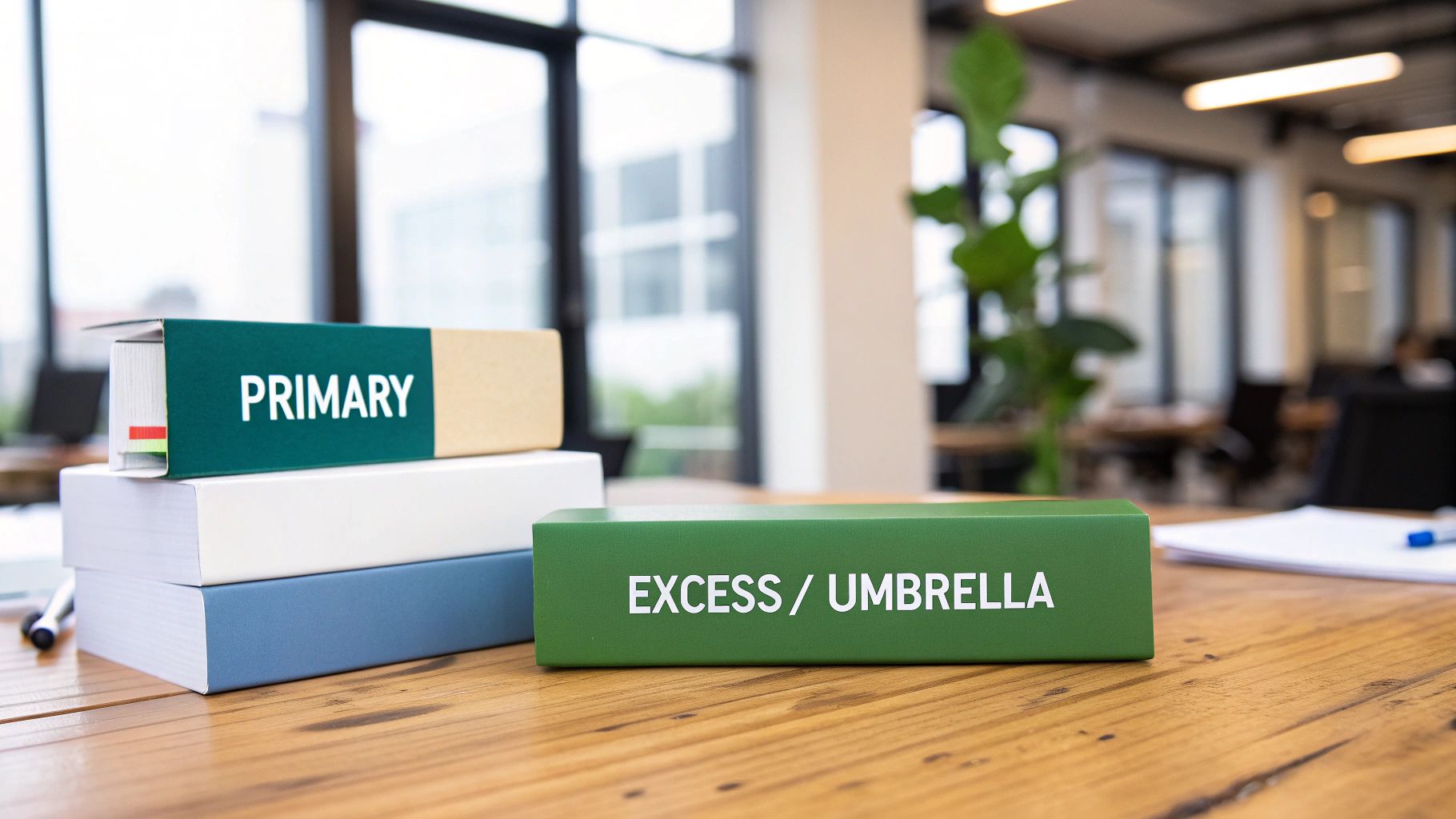 Stacks of primary and excess/umbrella insurance policy binders on a wooden desk in a modern office.