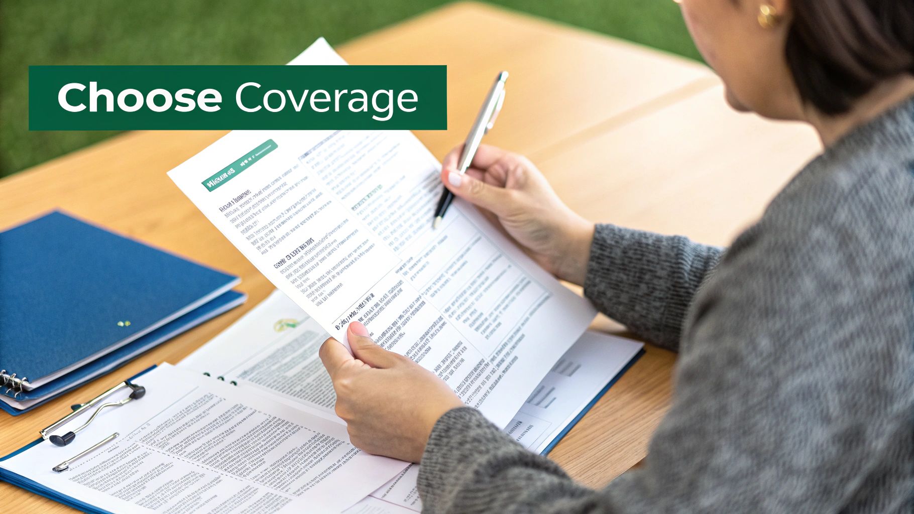 A person reviewing a cyber liability insurance policy document with a magnifying glass