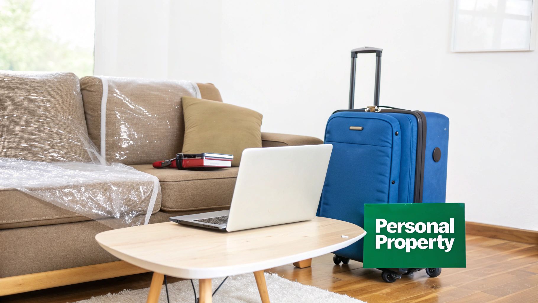 A living room scene with a couch, laptop, blue suitcase, and a 'Personal Property' sign.