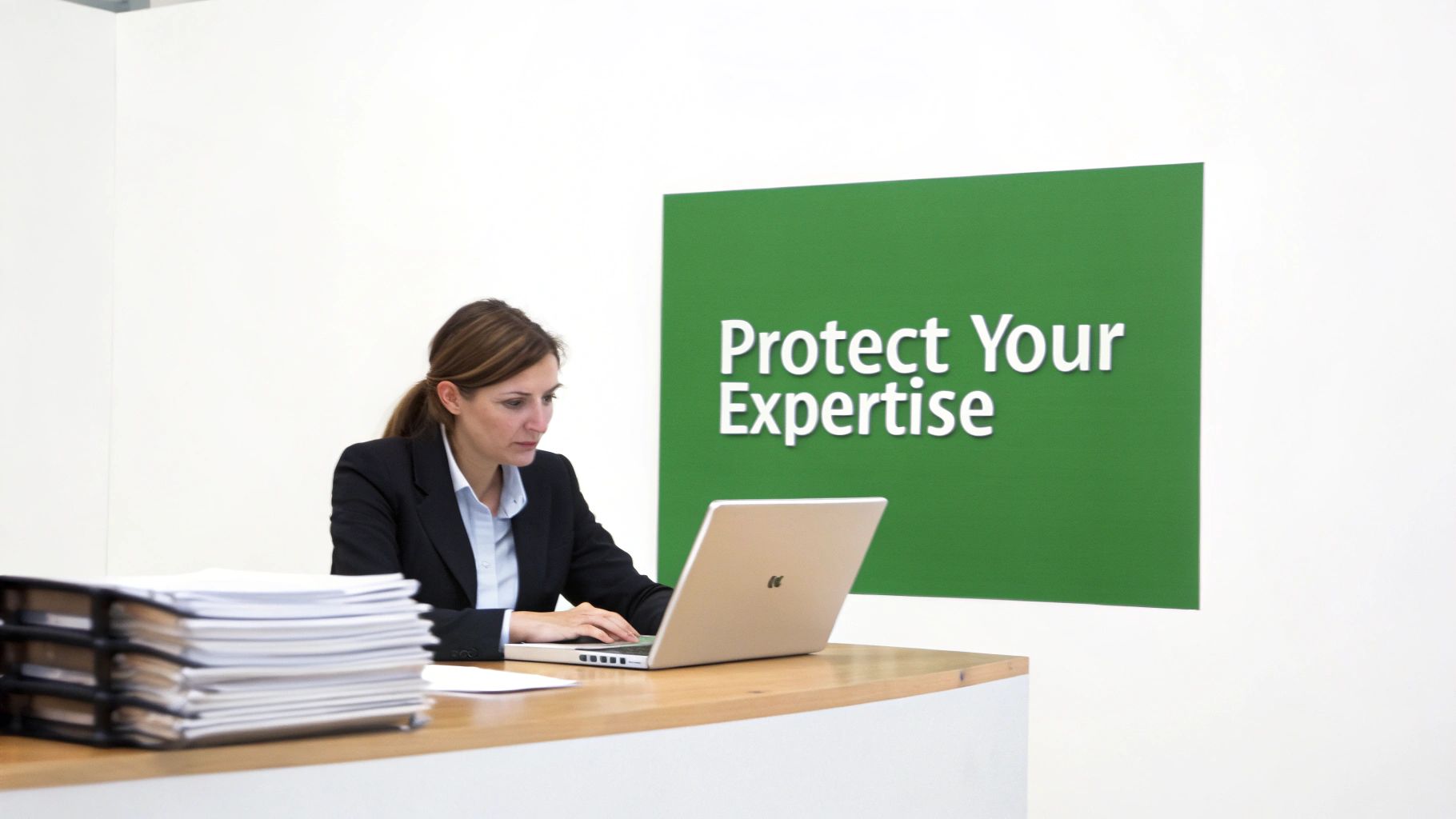 Businesswoman typing on a laptop with a green sign saying "Protect Your Expertise" in an office.