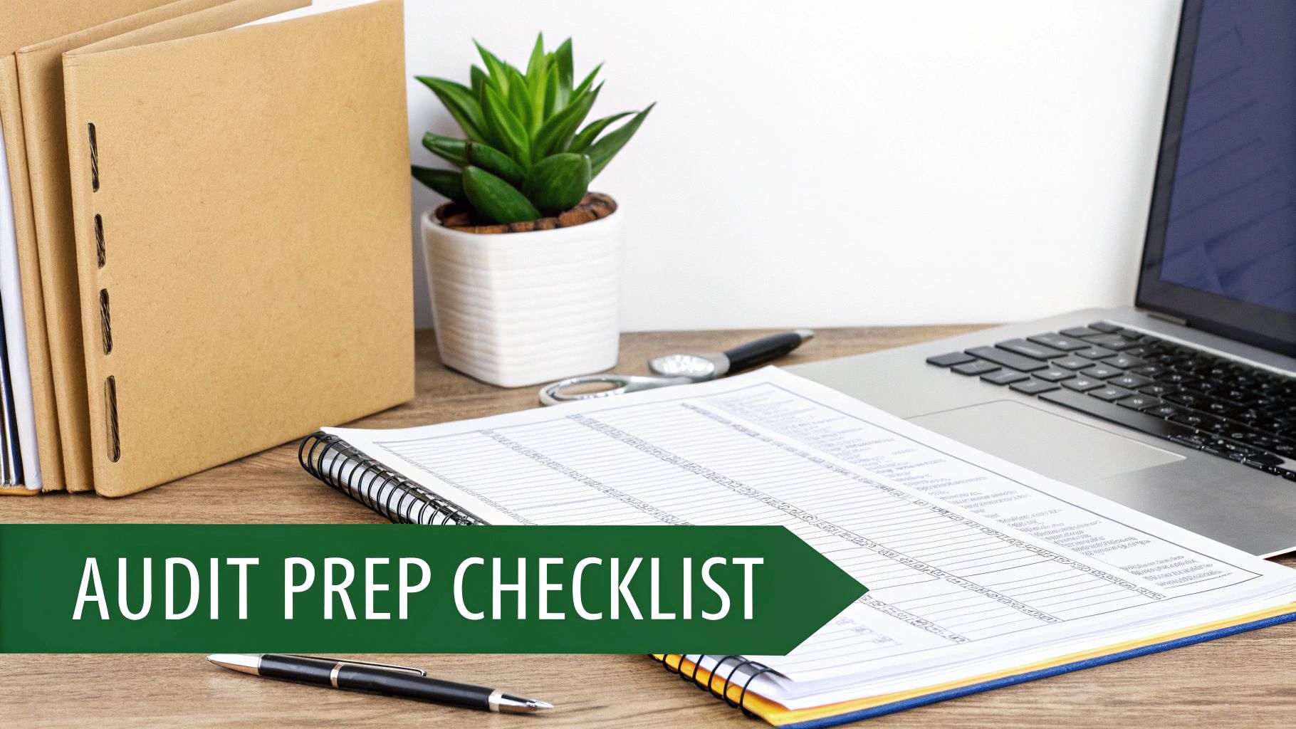 Audit preparation checklist on a desk with documents, a laptop, and a plant.