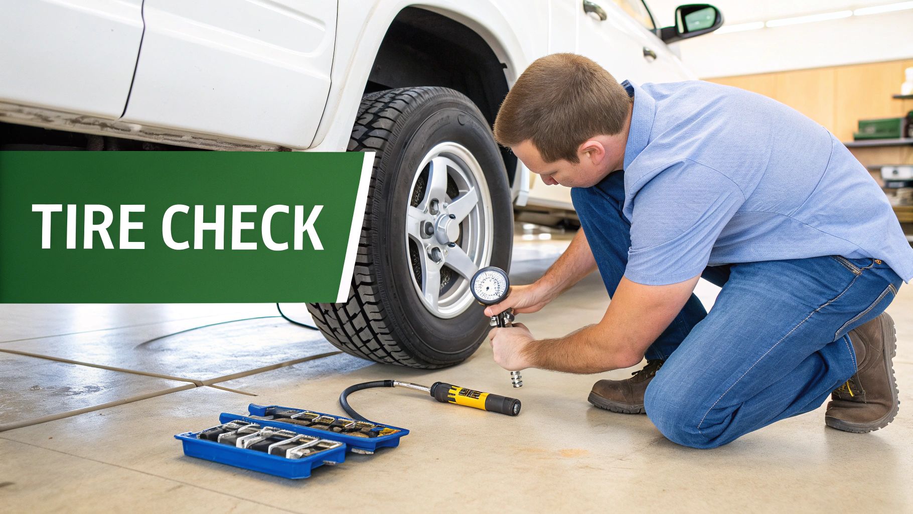 A man kneels to check the tire pressure of a white SUV with a gauge.