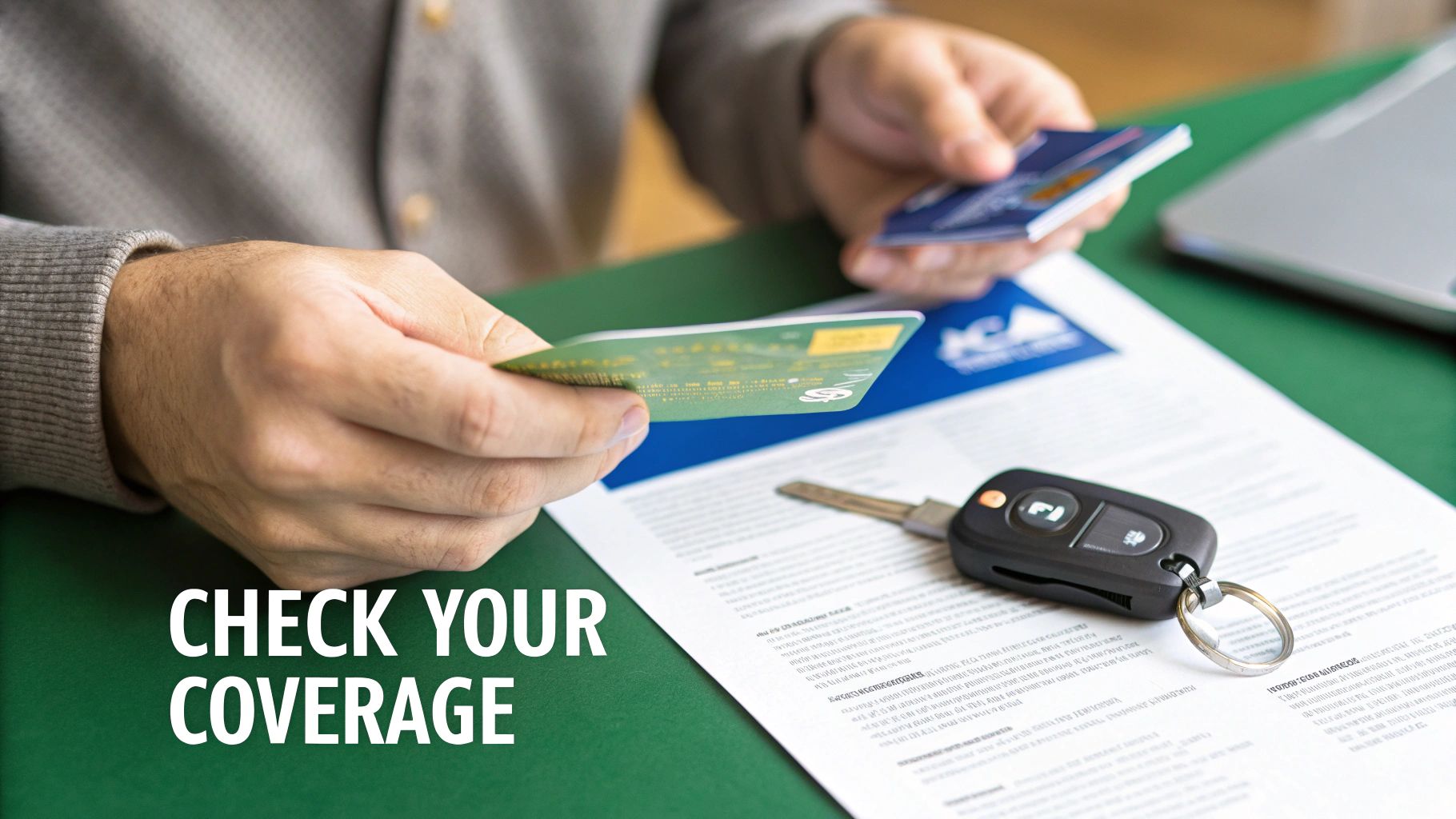 Close-up of a person's hands holding credit cards, with car keys and documents on a table. Text: Check Your Coverage.