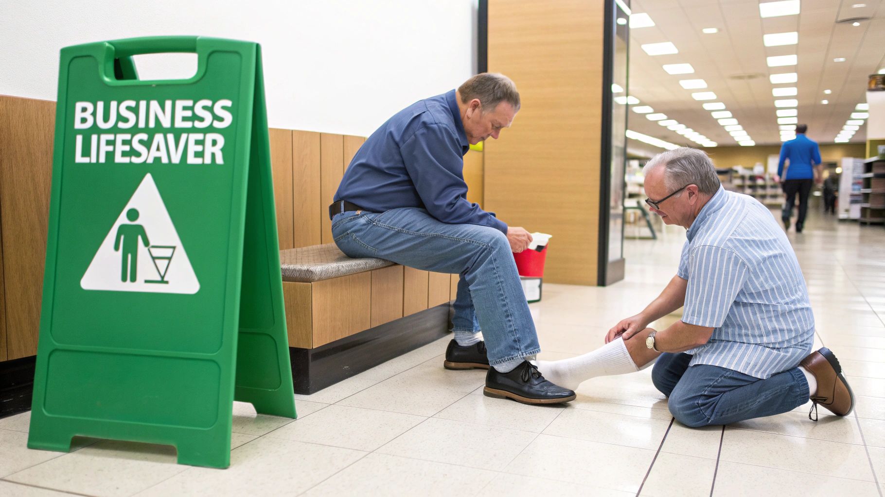 A man kneels to help another man adjust his sock while sitting on a bench in a store.