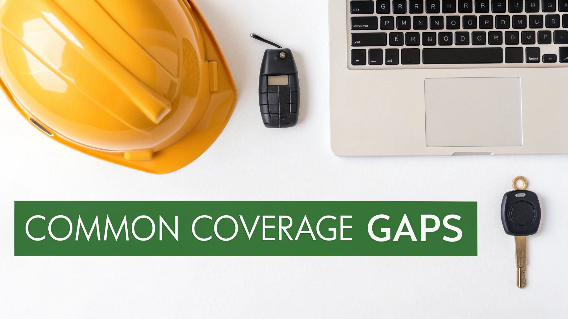 Overhead view of a hard hat, car alarm remote, laptop, and car key with 'COMMON COVERAGE GAPS' text.