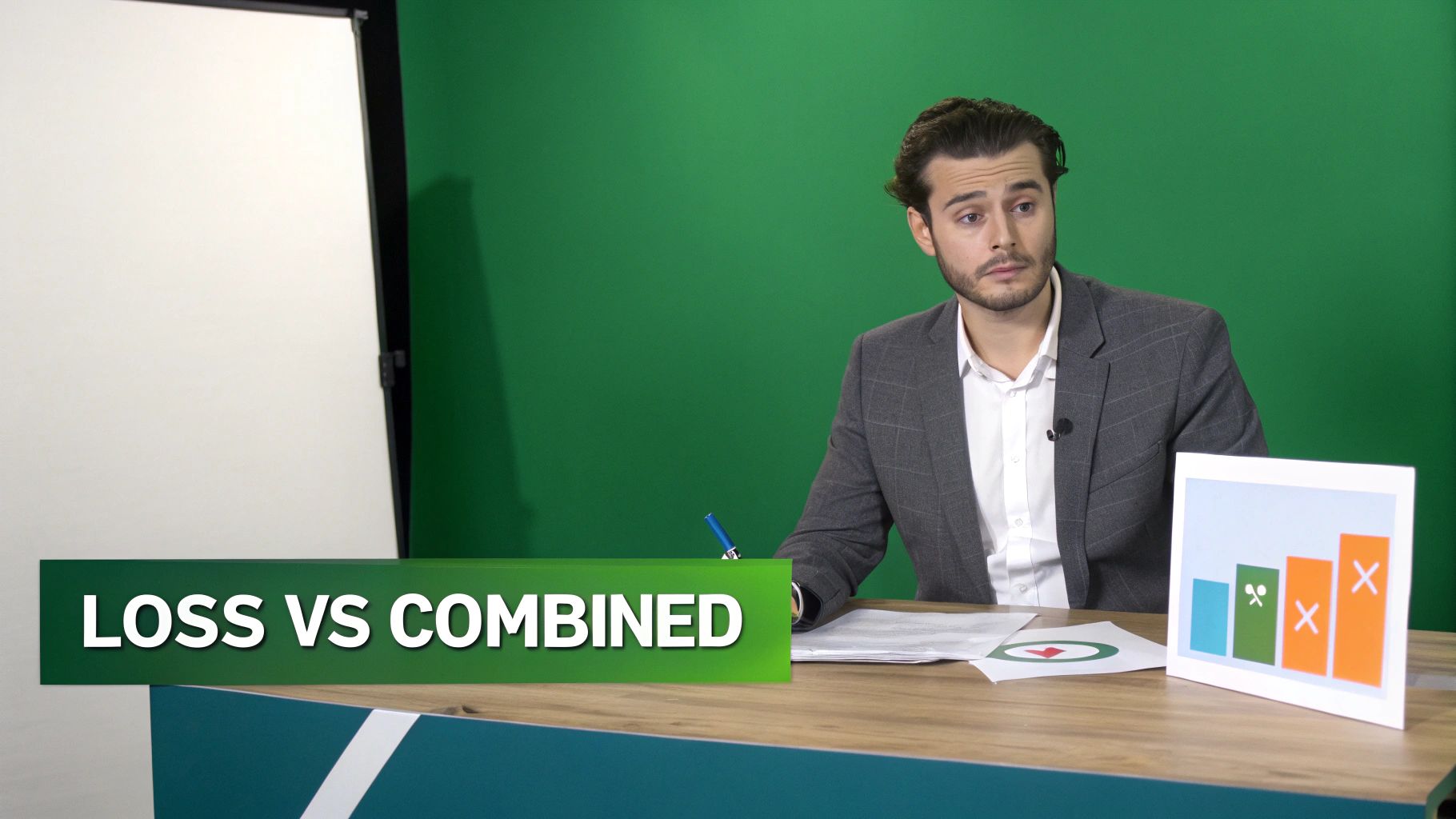 Insurance presenter explaining loss ratio versus combined ratio concepts with charts on desk