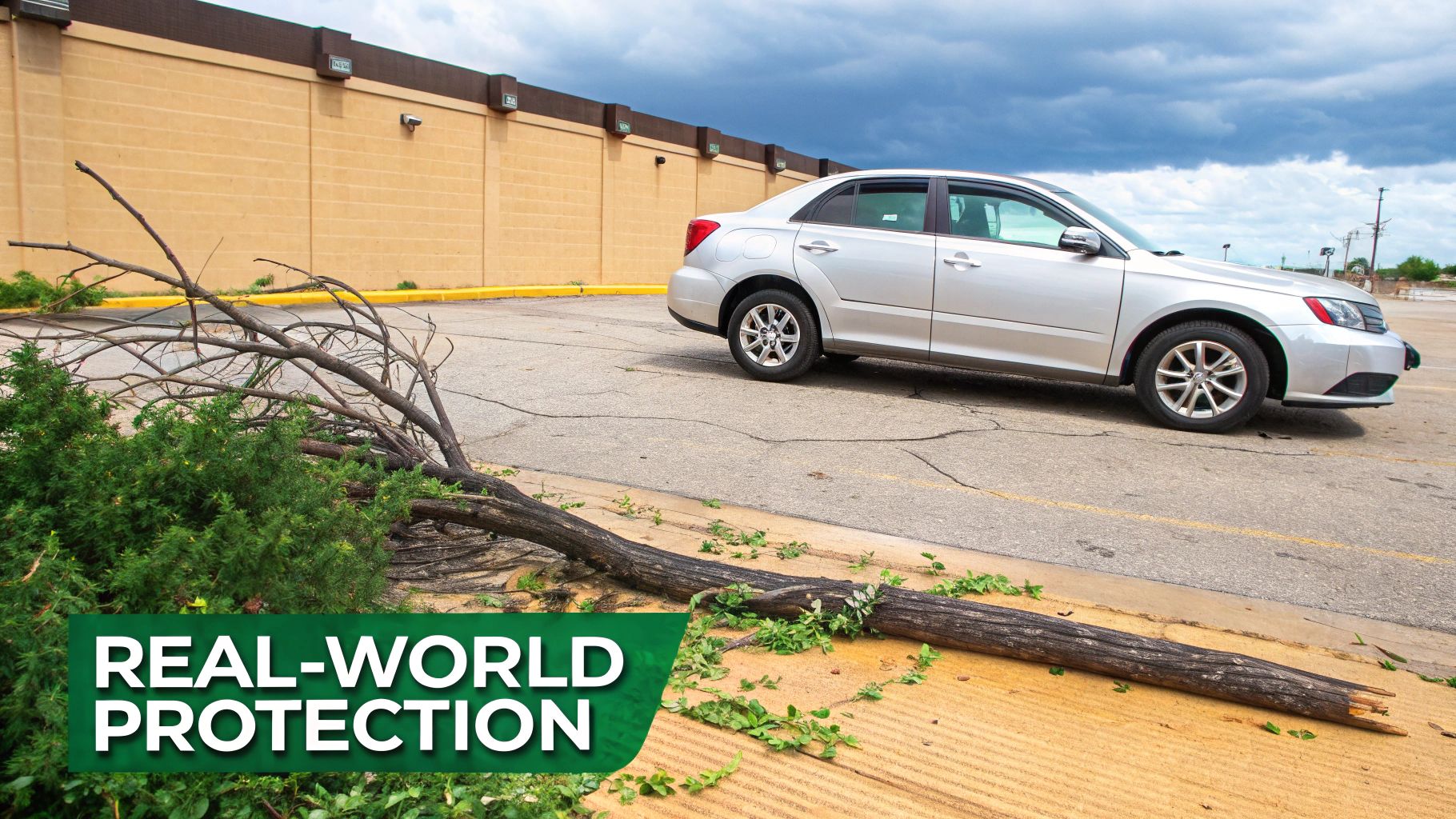 A silver car parked safely in a lot next to a large fallen tree branch under a stormy sky.