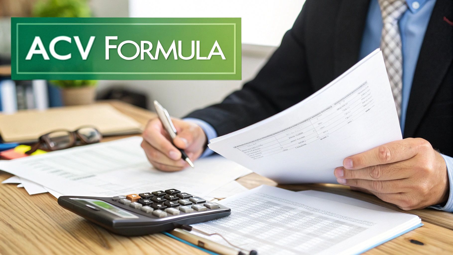 A person using a calculator with insurance documents on a desk.