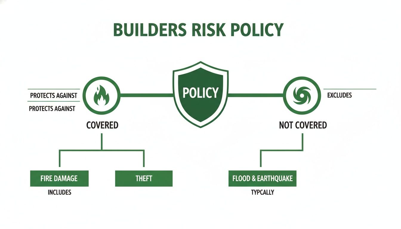 Infographic detailing a Builders Risk Policy, showing covered items like fire and theft, and exclusions such as flood and earthquake.