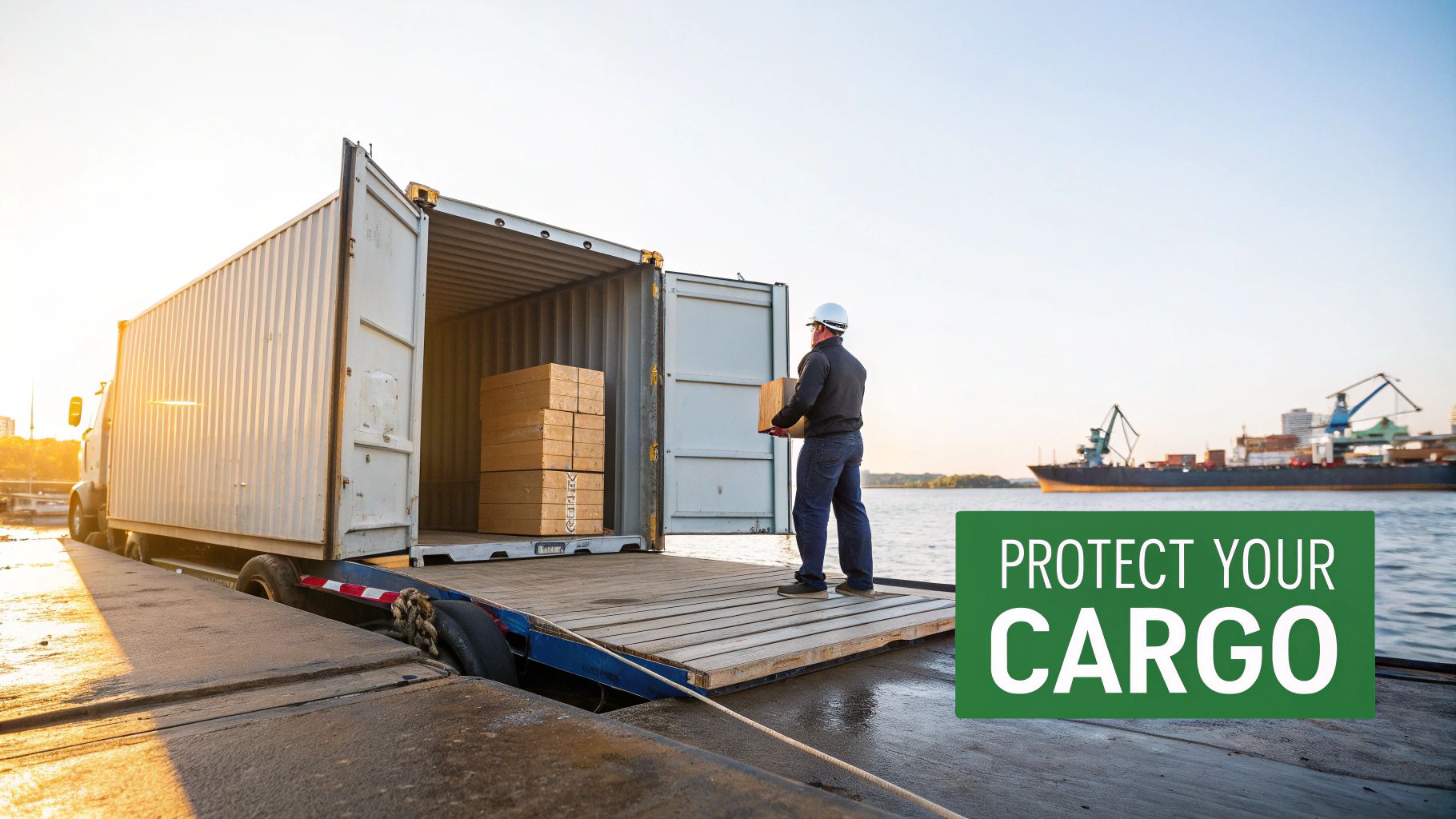 A worker loads boxes into a shipping container on a truck, with a cargo ship in the background, symbolizing cargo logistics and protection.