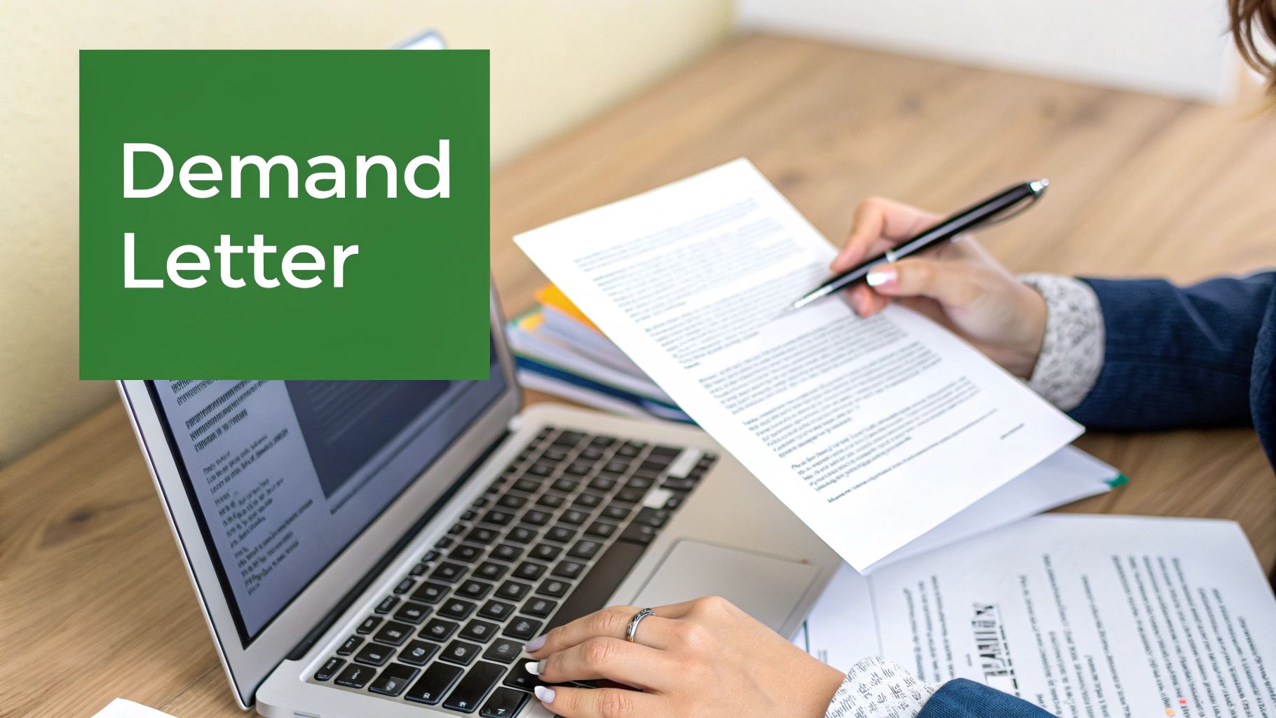 A person writing a formal demand letter at a desk, with documents and a calculator nearby.