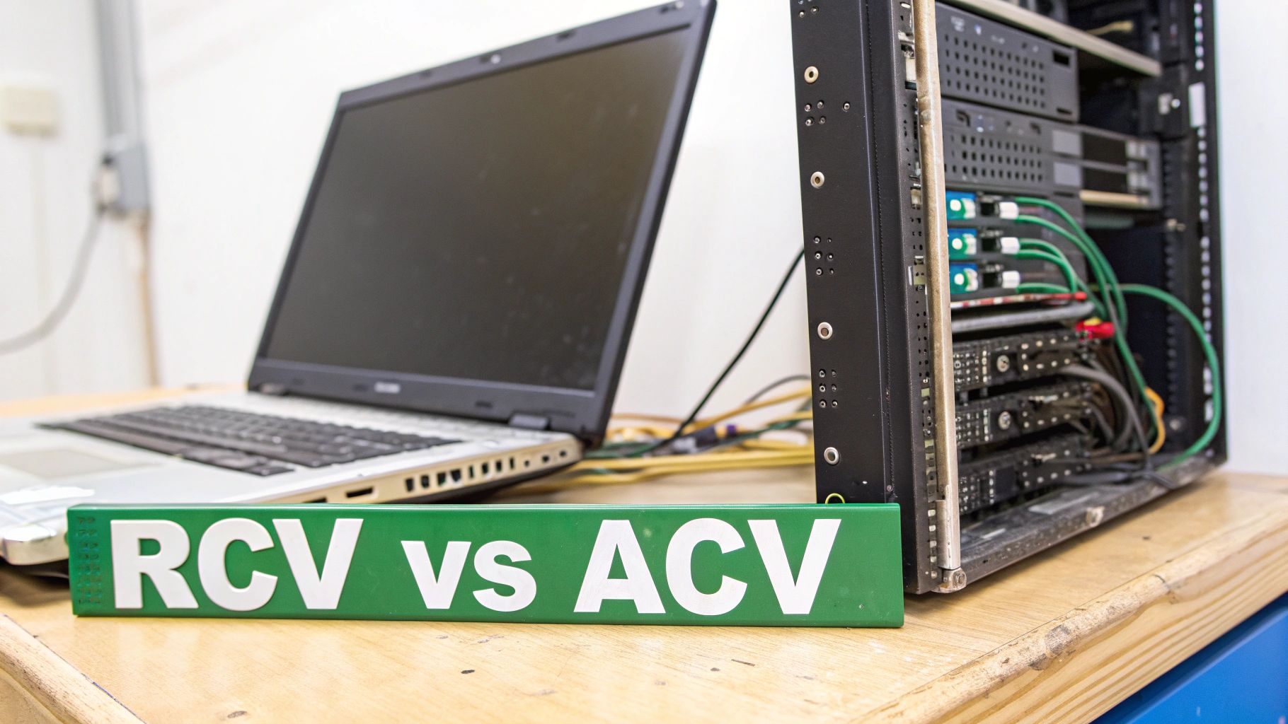 A laptop and server rack on a wooden desk, with a green sign reading 'RCV vs ACV'.