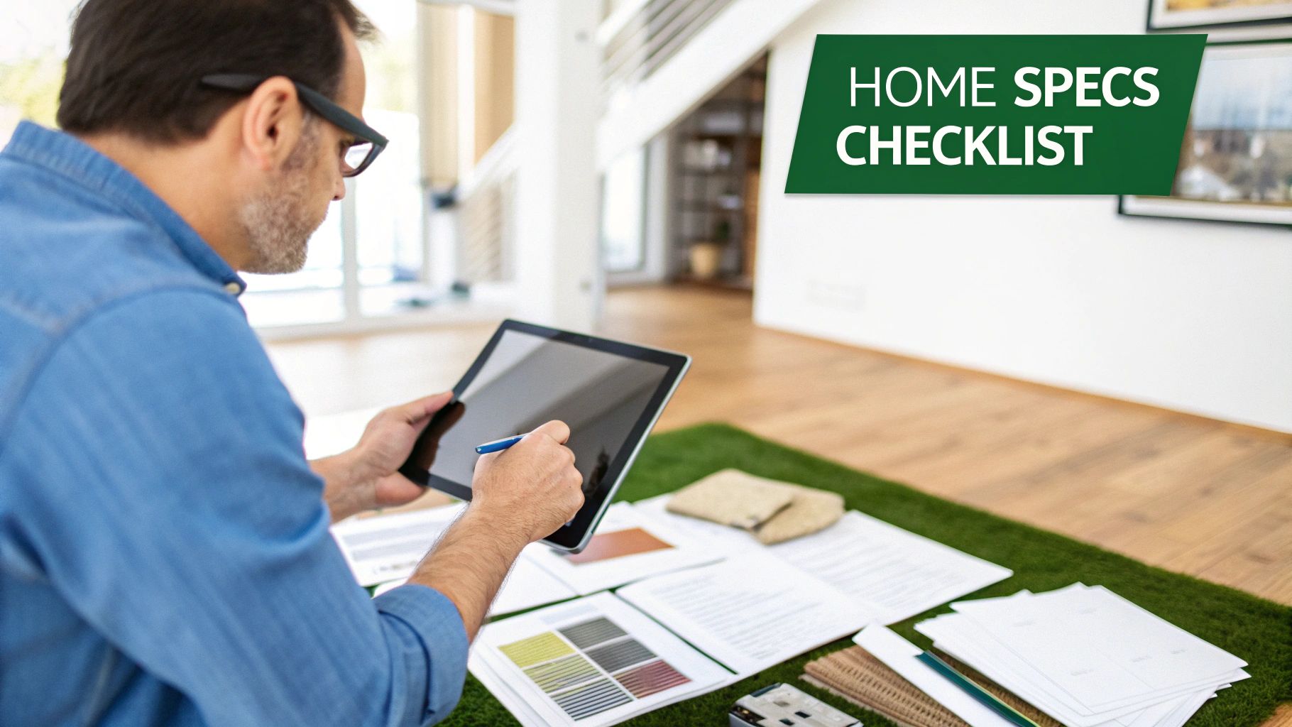 Man with glasses reviewing home specifications on a tablet with design samples.