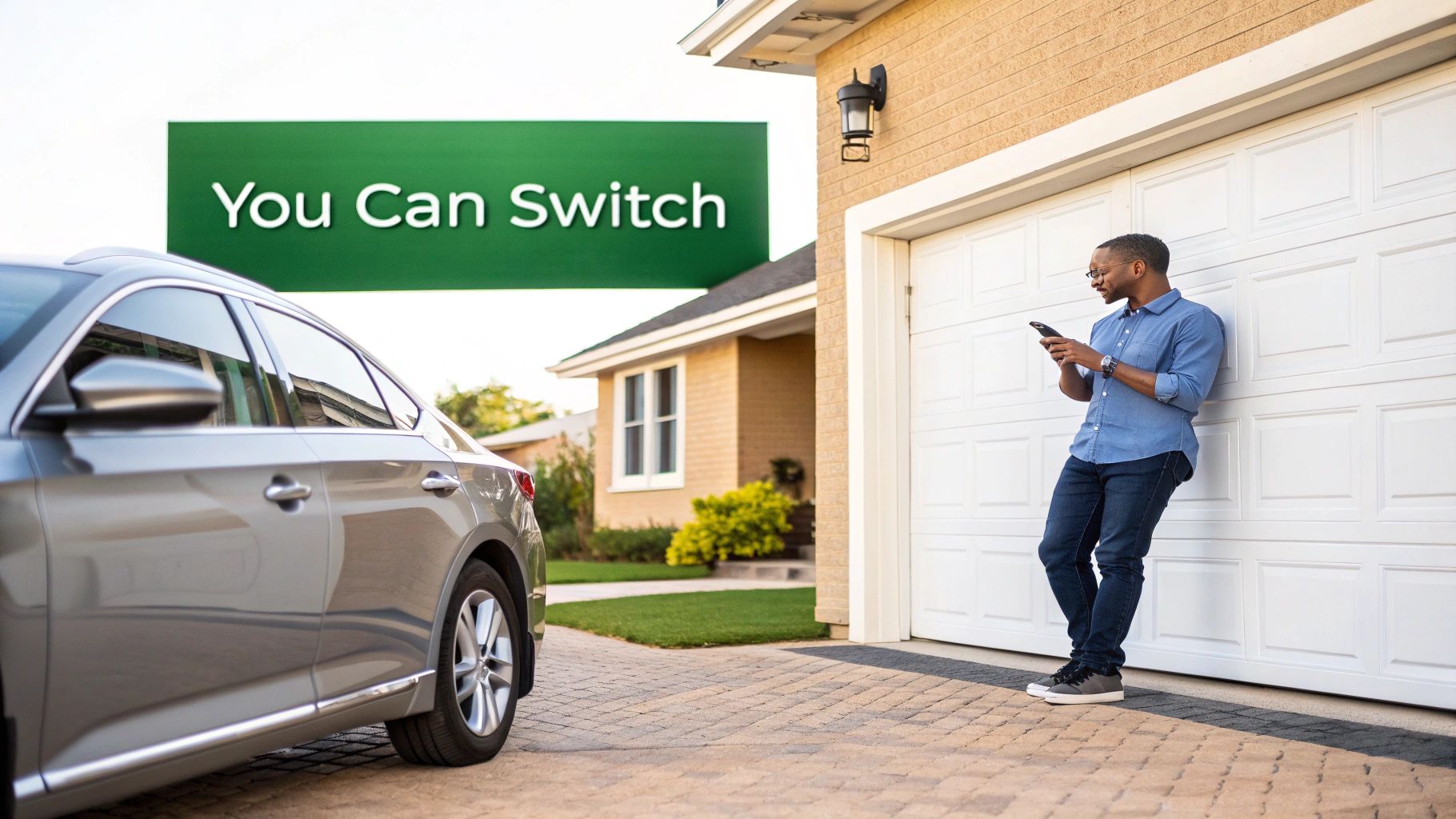 A man on his phone leans against a garage next to a car with a "You Can Switch" sign.