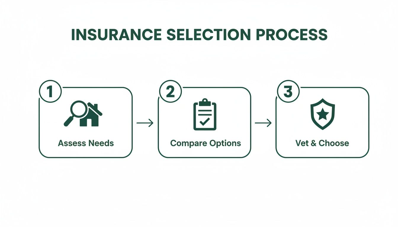 A three-step infographic showing the insurance selection process: Assess Needs, Compare Options, and Vet & Choose.