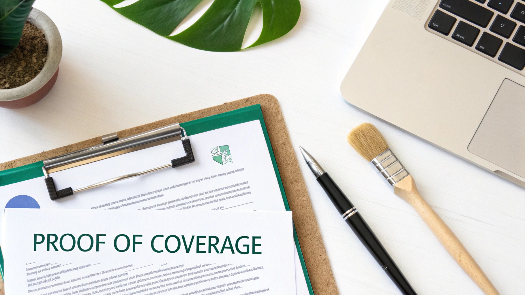 A flat lay of a desk with a 'PROOF OF COVERAGE' document, a paintbrush, a laptop, and a plant.