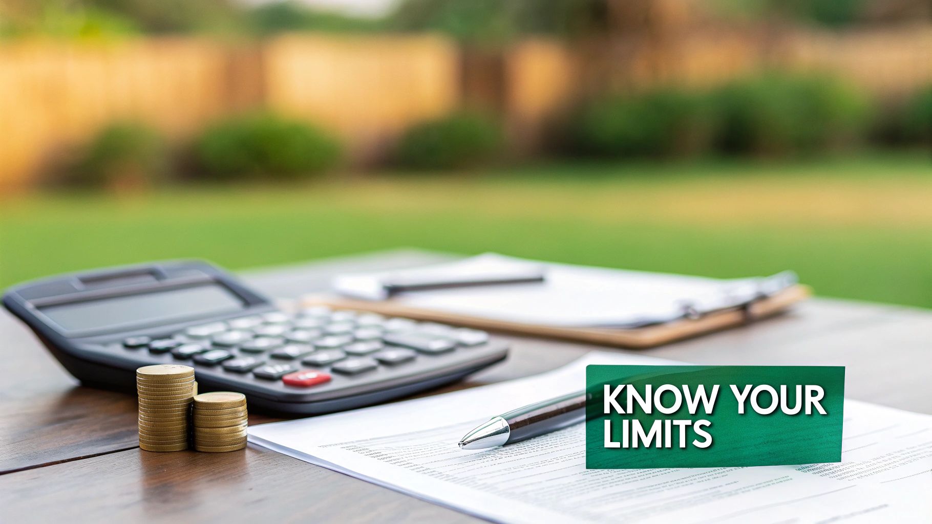 A calculator, stacked coins, pen, and documents on a wooden table, with 'KNOW YOUR LIMITS' text, symbolizing financial planning.