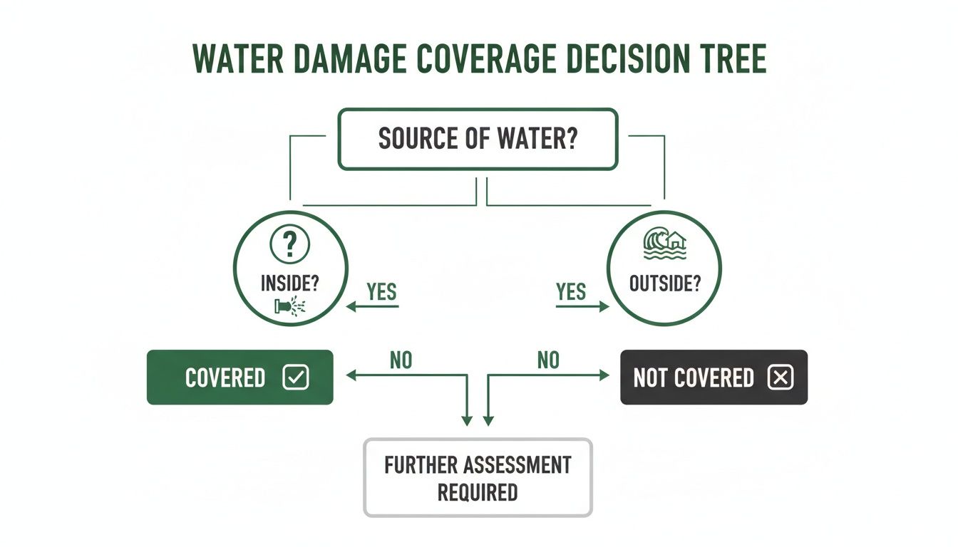 Decision tree illustrating water damage insurance coverage based on water source inside or outside.