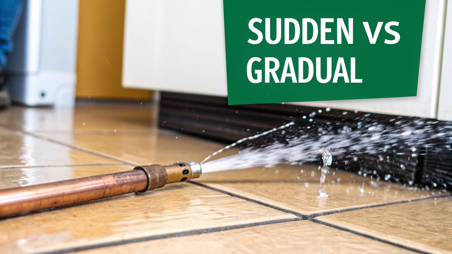 Water spraying from a broken pipe onto a tiled floor with text 'Sudden vs Gradual' on a green banner.