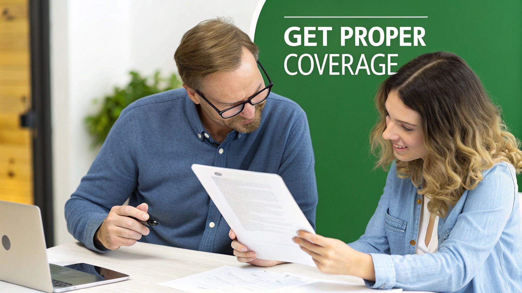Two people discussing documents and a laptop, with text 'GET PROPER COVERAGE'.