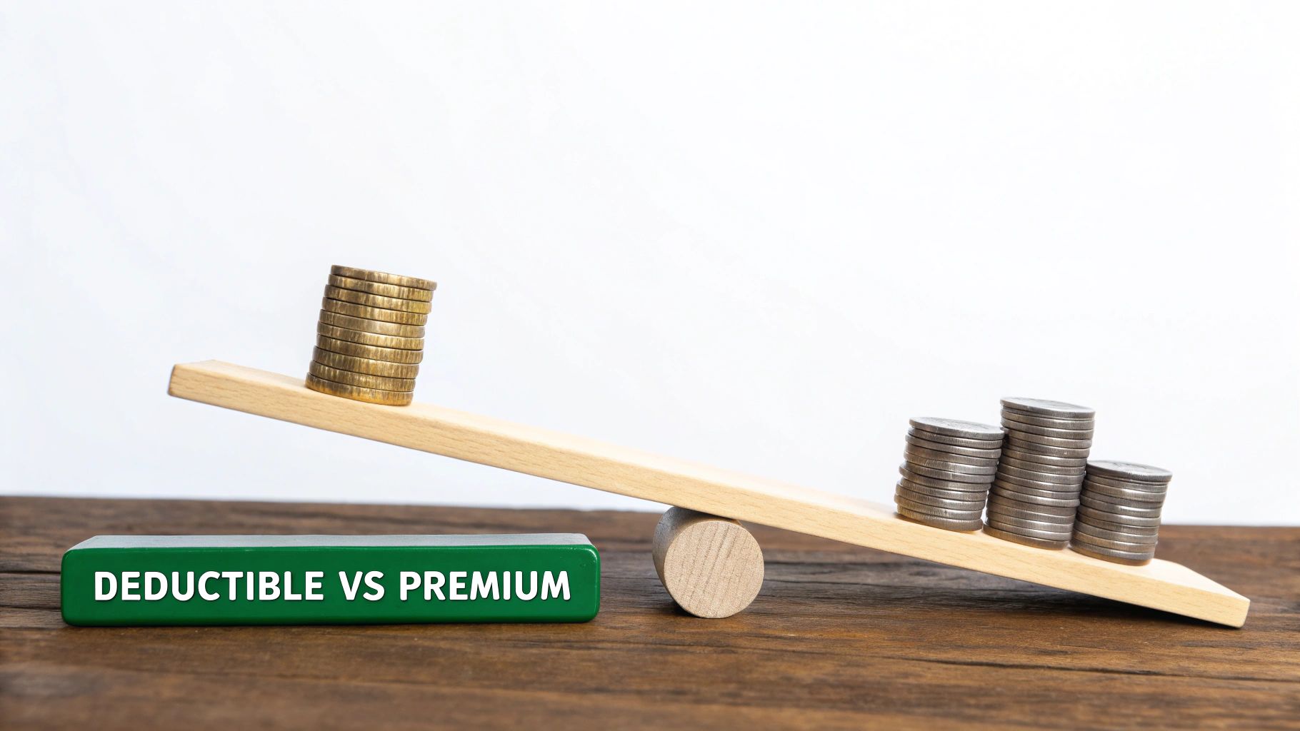 A seesaw balancing a dollar sign (premium) and a shield (deductible), illustrating their inverse relationship.