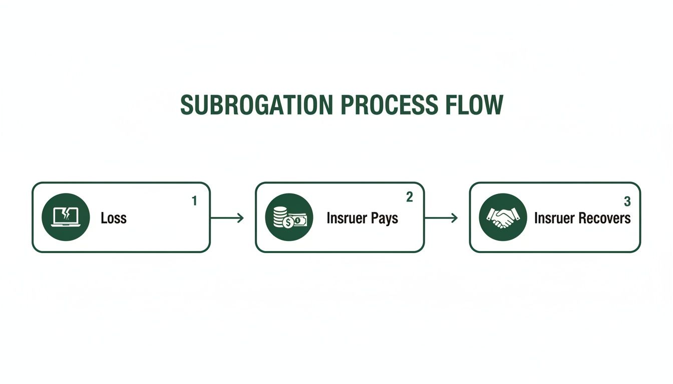 Subrogation process flow diagram showing three steps: loss, insurer pays, and insurer recovers.