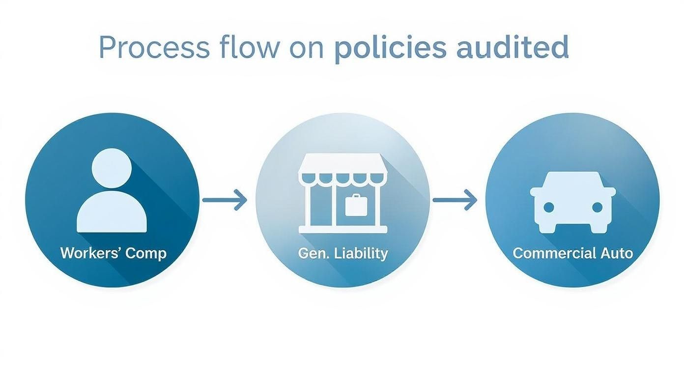 Process flow diagram showing three types of policies audited: Workers' Comp, General Liability, and Commercial Auto.