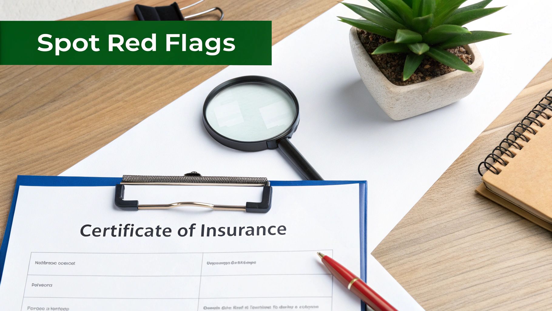A document labeled 'Certificate of Insurance' with a magnifying glass, red pen, and 'Spot Red Flags' banner.
