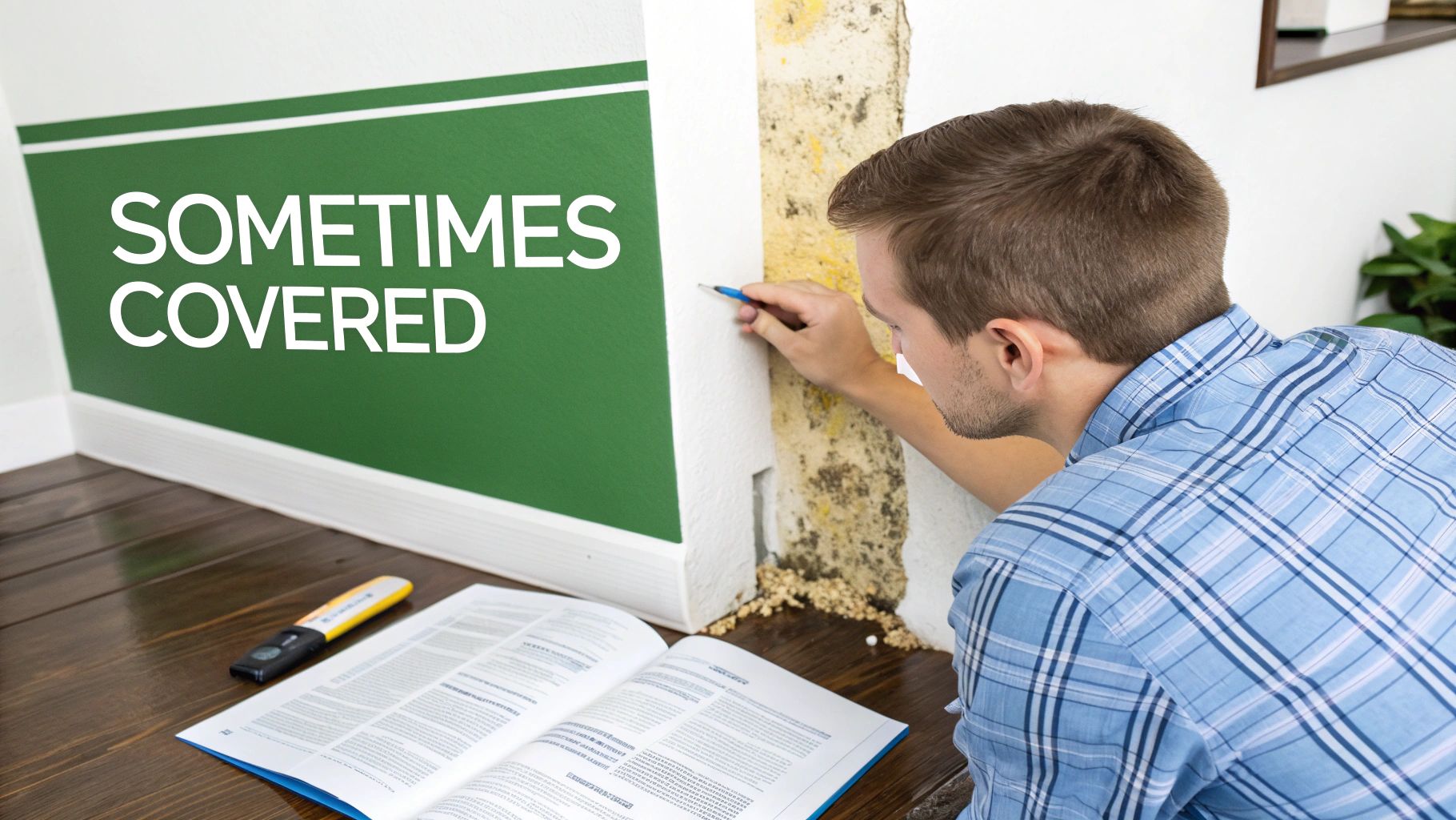 A man in a plaid shirt inspects a wall with severe mold damage, reviewing an insurance policy.