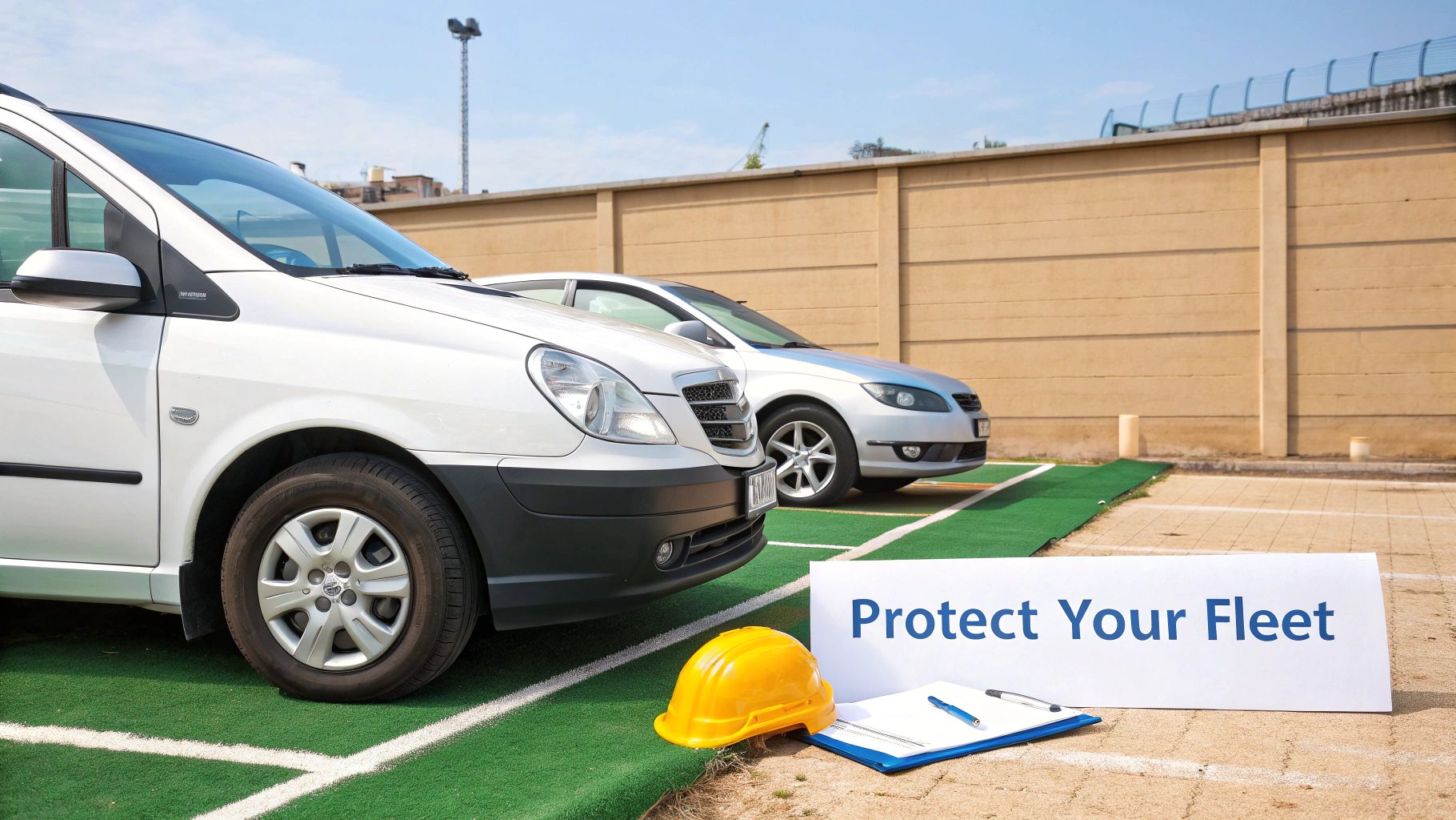 Two cars parked on a green surface, with a safety sign, hard hat, and clipboard for fleet protection.