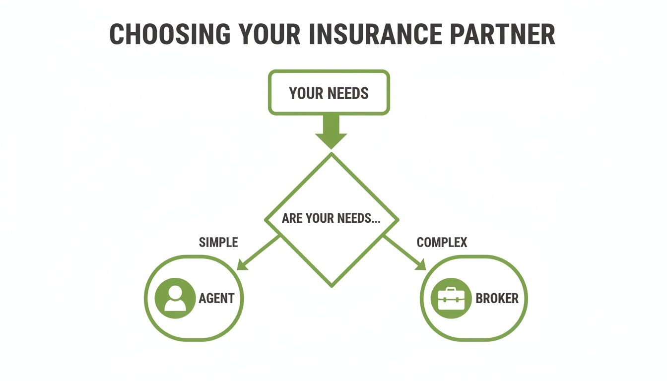 A flowchart guides users to choose an insurance agent for simple needs or a broker for complex needs.