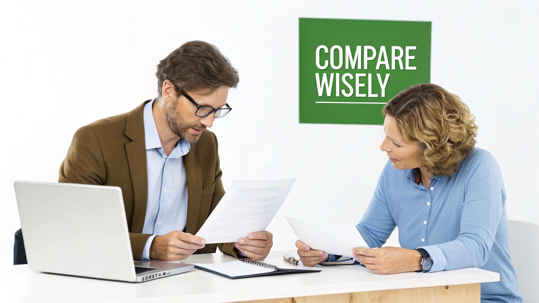 Two business professionals comparing documents at a desk with a laptop and a 'Compare Wisely' sign.
