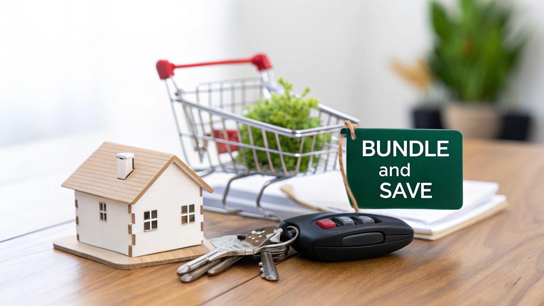 A miniature house, car keys, and a shopping cart with a 'BUNDLE and SAVE' tag on a wooden table.